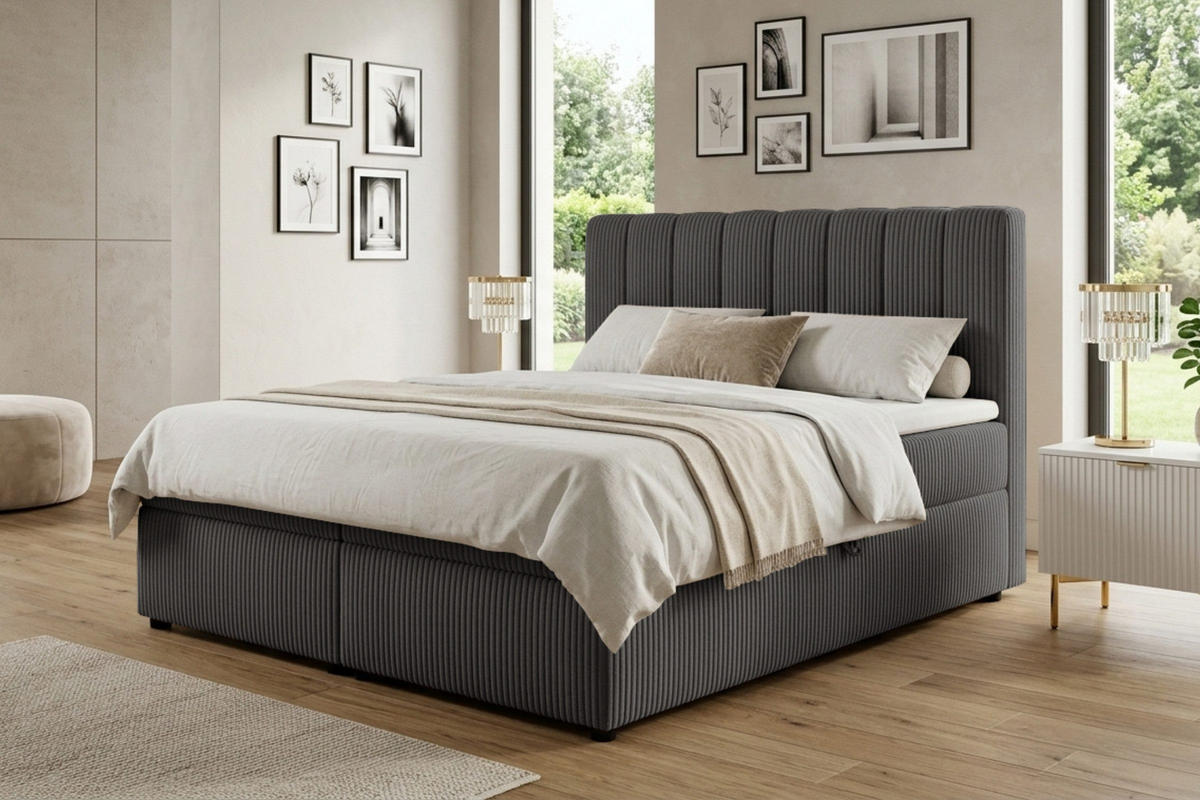 BOXBETT VICTOR 160/200 in Cord Anthrazit H3 - Anthrazit, Holz/Holzwerkstoff (160/200cm) - Deine Möbel 24
