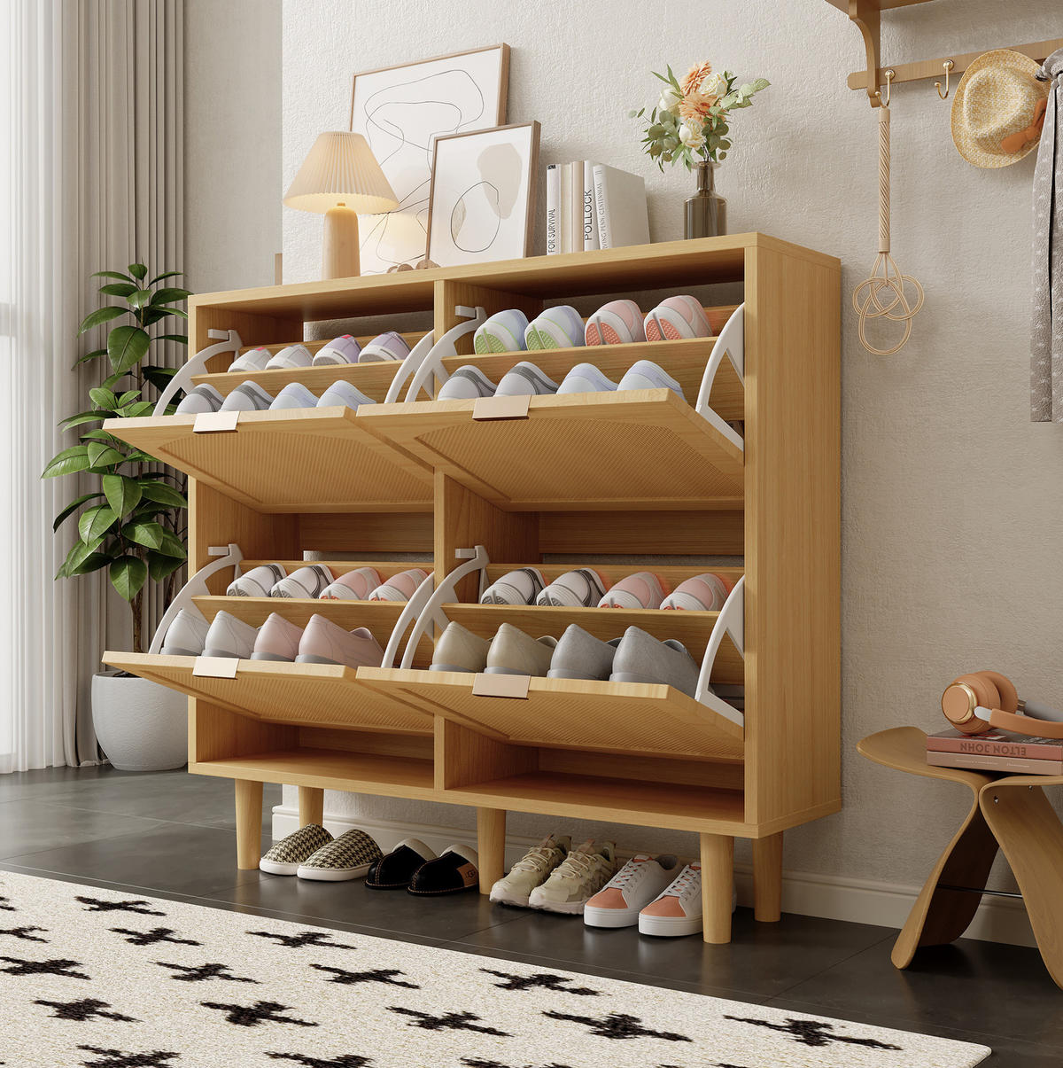 SCHUHSCHRANK aus Spanplatte 100x25x90cm in Eichefarben mit 4 Klappschubladen - Eichefarben, Holzwerkstoff (100/90/25cm) - Modfu