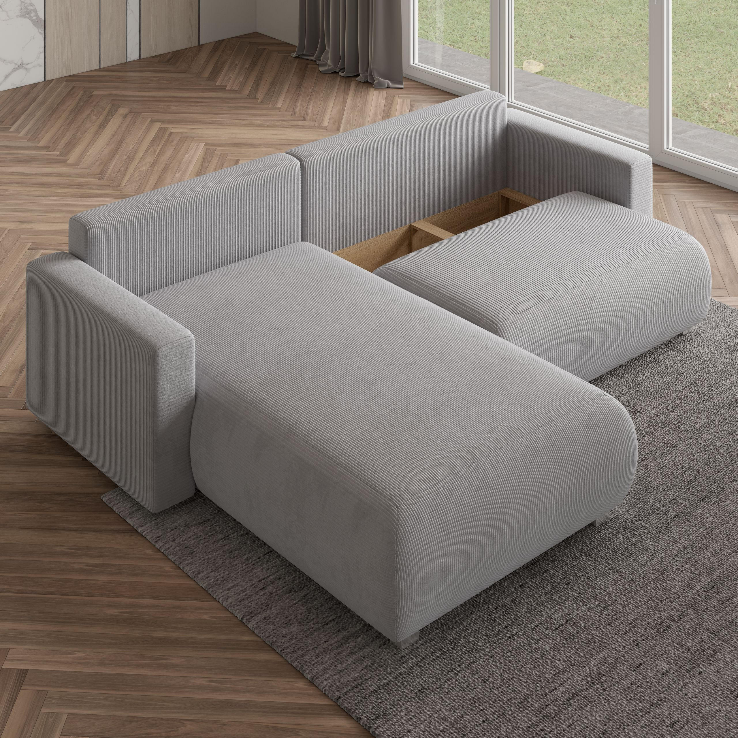 ECKSOFA TURIN P Creme Kordstoff mit Schlaffunktion - Creme, Holz (265/183cm) - MASSENO