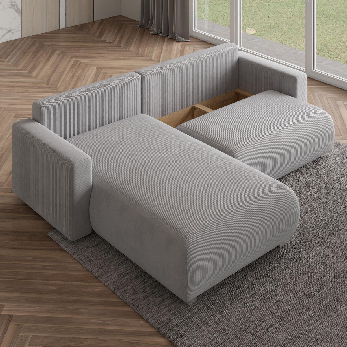 ECKSOFA TURIN P Creme Kordstoff mit Schlaffunktion - Creme, Holz (265/183cm) - MASSENO