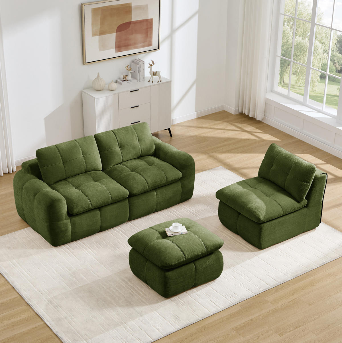 SOFA 264/160/68 cm in Grün aus Chenille mit modularem Aufbau und Hocker - Grün, Textil (160/68/264cm) - Flora Grace