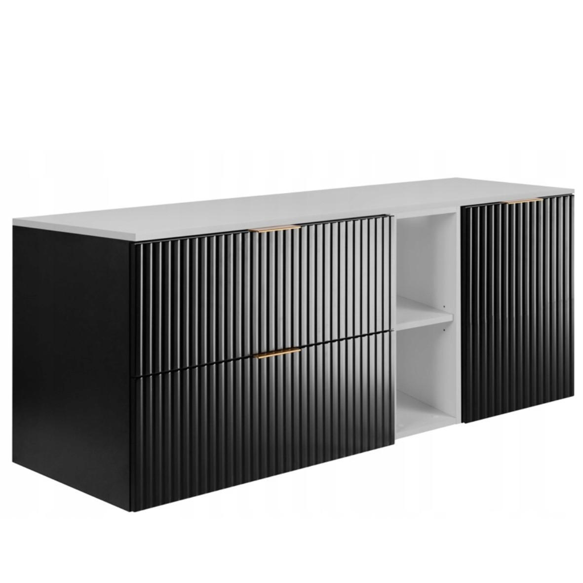 WASCHBECKUNTERSCHRANK FLOW mit Regal + Platte Schwarz matt 140/57/46 cm - Schwarz, Holzwerkstoff (140/57/46cm) - Rodan