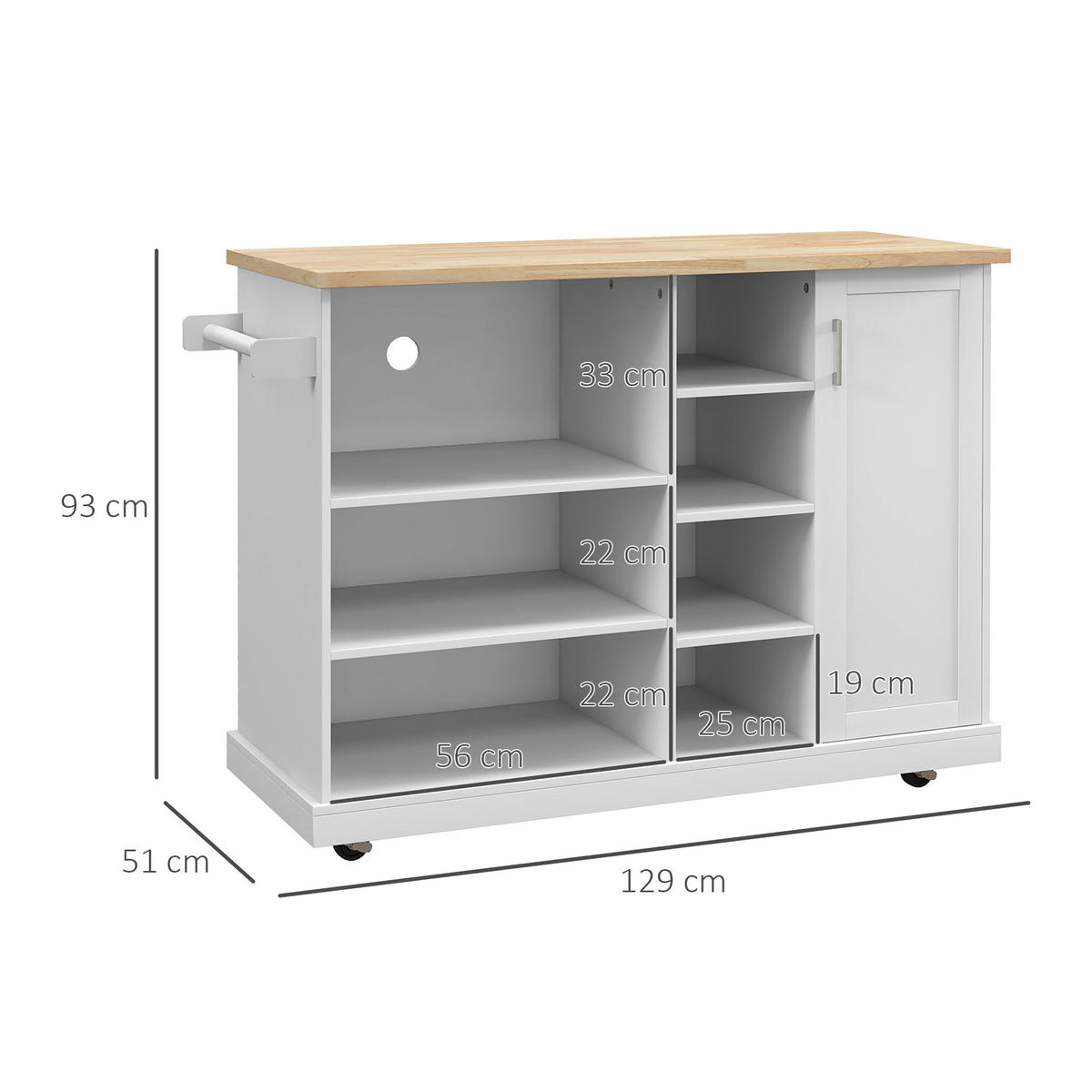 KÜCHENINSEL DE-11069 7 offene Fächer Weiß/Holz - Weiß, Holzwerkstoff (129/93/51cm) - ComfortXL