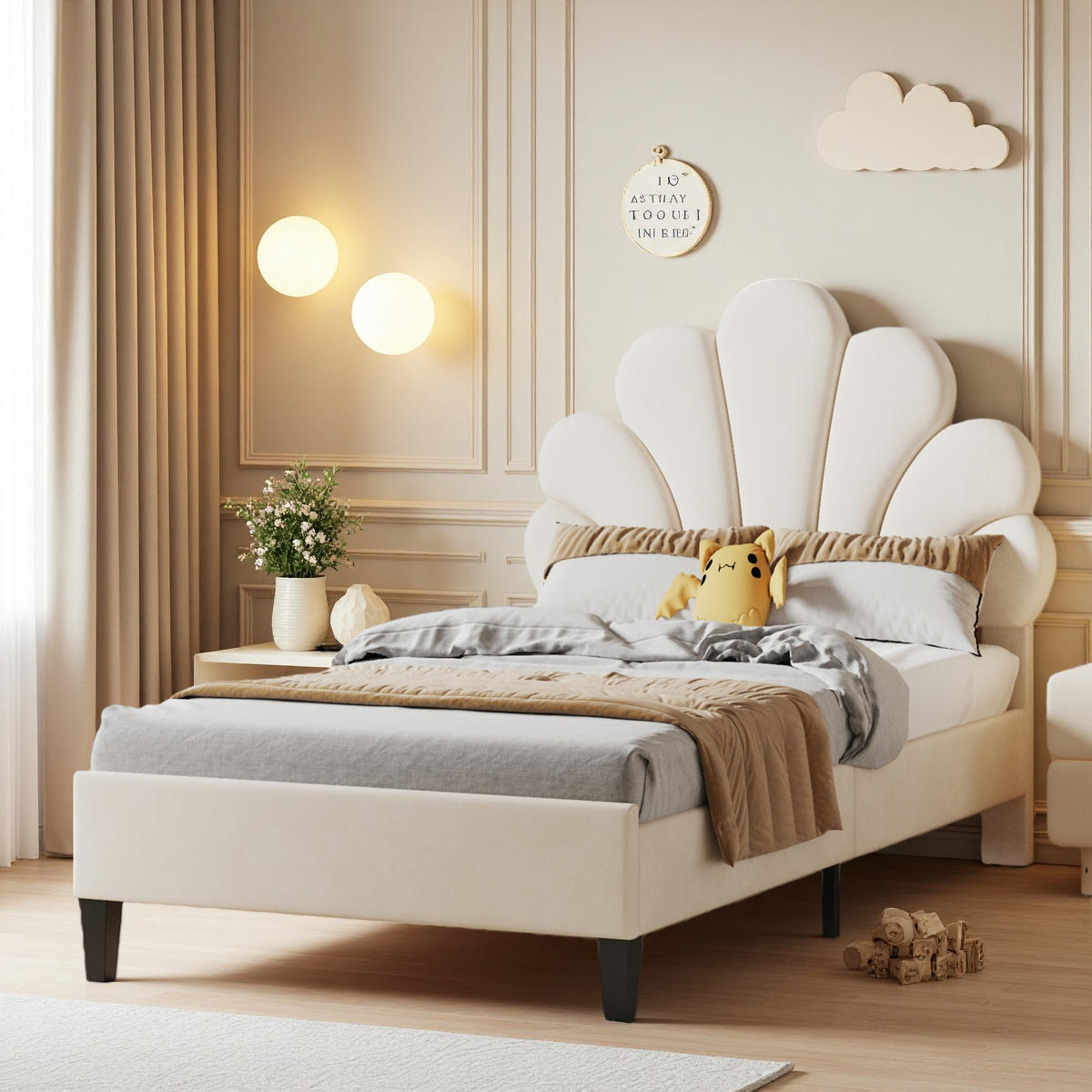 KINDERBETT 90x200 cm Blumen Kopfteil Lattenrost Samt beige - Beige, Holz (90/200cm) - LEBENLANG