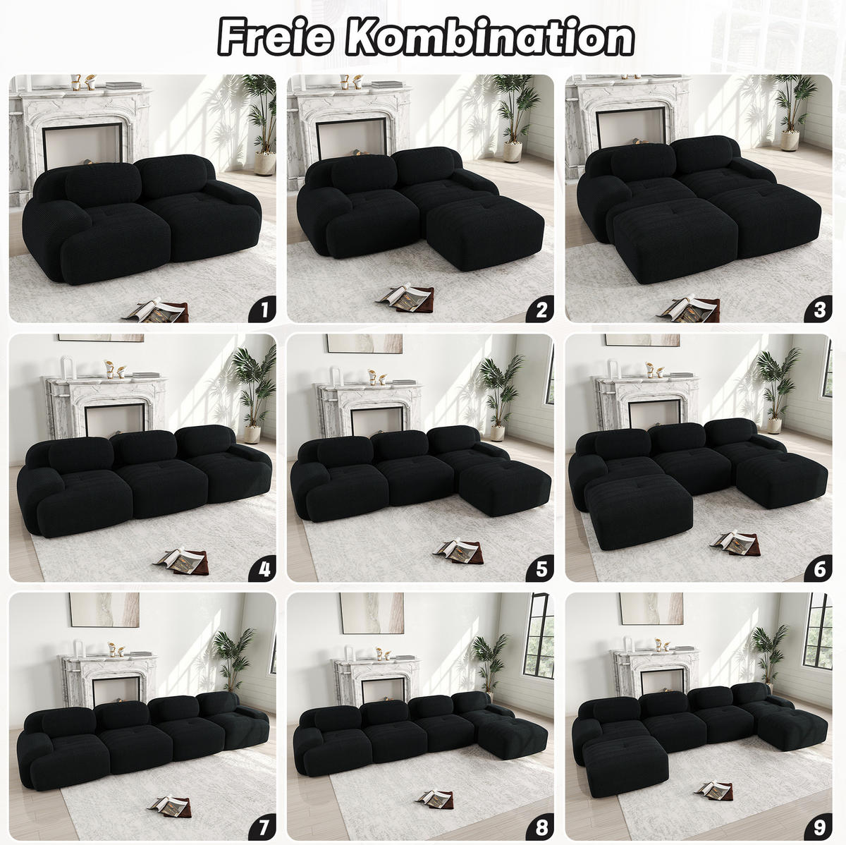 MODULARES Ecksofa rahmenlos mit geschwungenen Armlehnen und rutschfester Unterseite, Schwarz - Schwarz, Textil (208/103cm) - Redom