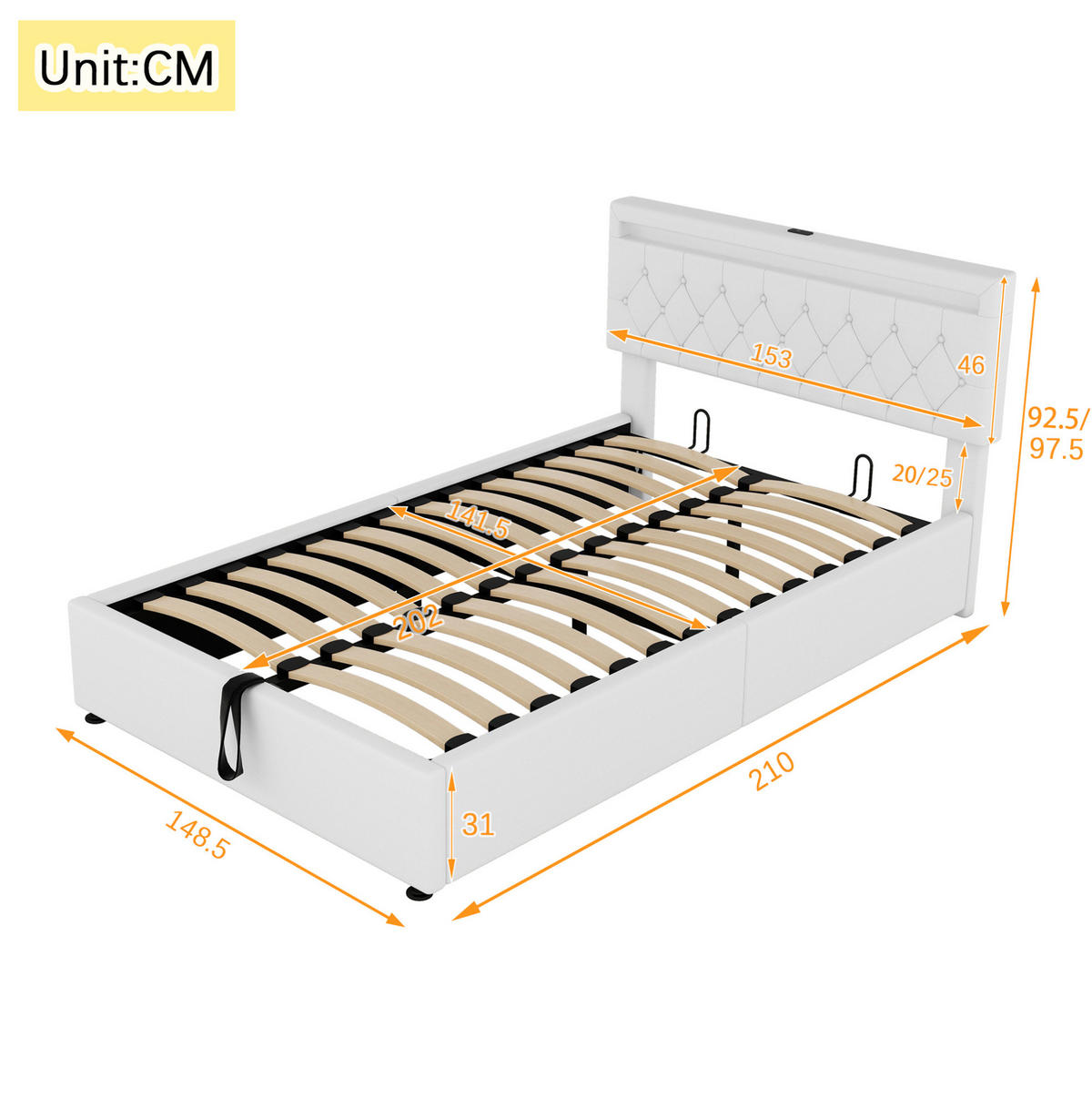 POLSTERBETT 140/200 cm Weiß mit Stauraum mit LED-Beleuchtung mit USB- und Type-C-Anschlüssen - Weiß, Textil (140/200cm) - OKWISH