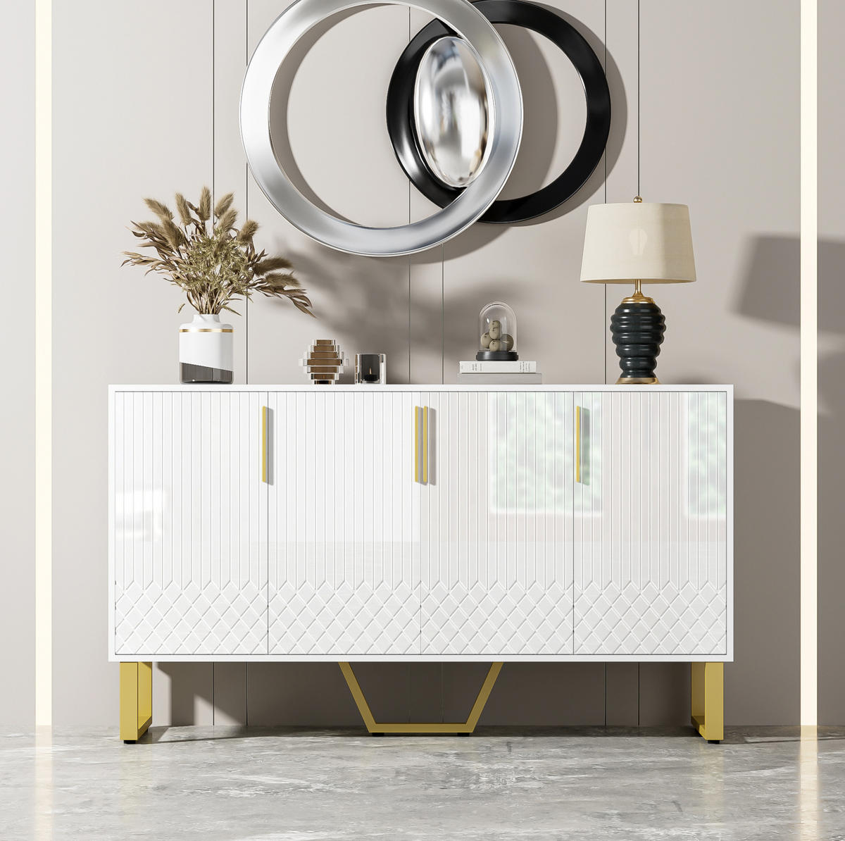 SIDEBOARD 140/40/80 cm aus MDF mit 4 Türen, Hochglanzfront und geometrischem Design, Weiß - Weiß, Holzwerkstoff (140/80/40cm) - Redom