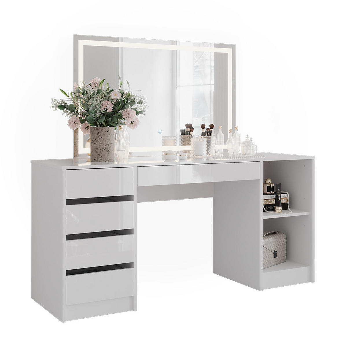 SCHMINKTISCH Sherry Weiß/Weiß Hochglanz 158.2 cm mit LED-Spiegel - Weiß Hochglanz, Holzwerkstoff (158.2/76/50.1cm) - Vicco