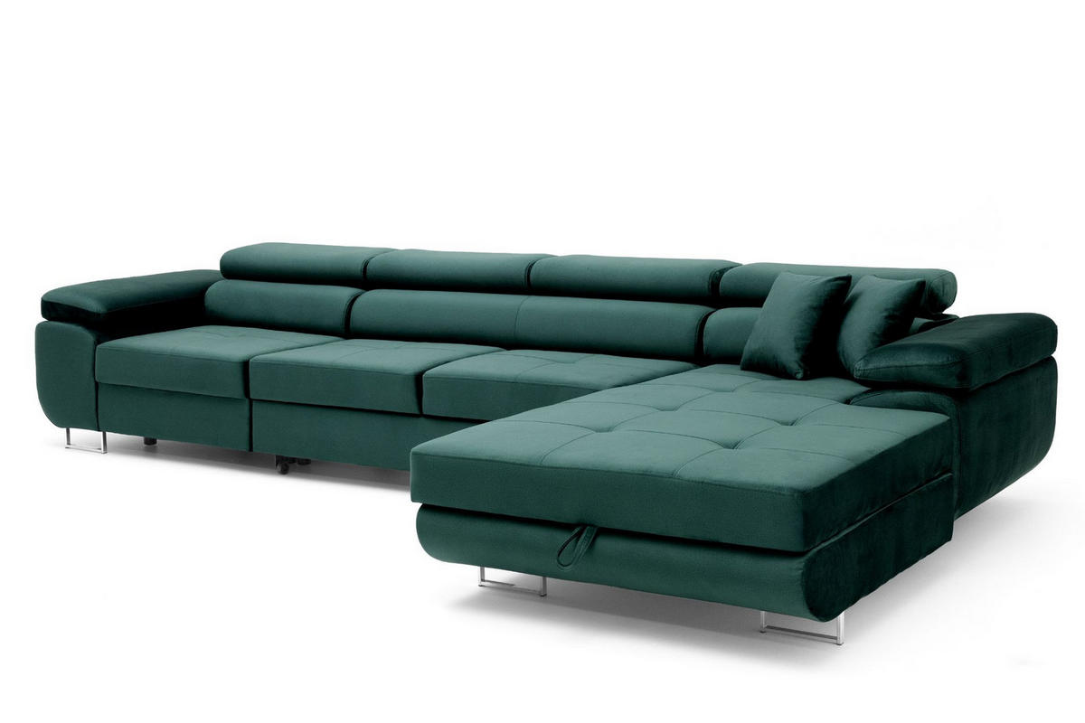 ECKSOFA ALONZO MAXI Rechts mit Schlaffunktion 125x195 Velours Grün - Silberfarben/Grün, Holz/Textil (203/350cm) - Muffo