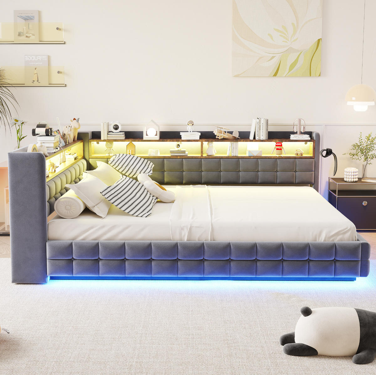 SCHLAFSOFA aus Samt 140x200 cm Grau mit Bettkasten, LED-Beleuchtung und Ladeanschlüssen - Grau, Textil (140/200cm) - IVMEU