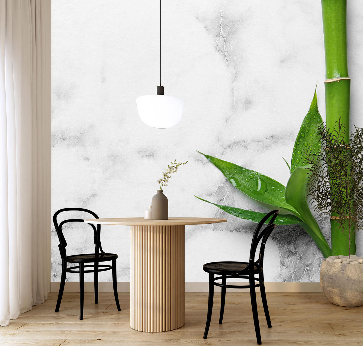 FOTOTAPETE für Küche Bambusblätter Grauer Marmor Exotisch Elegant 450x315 - Weiß/Grau, Papier (450/315cm) - Muralo