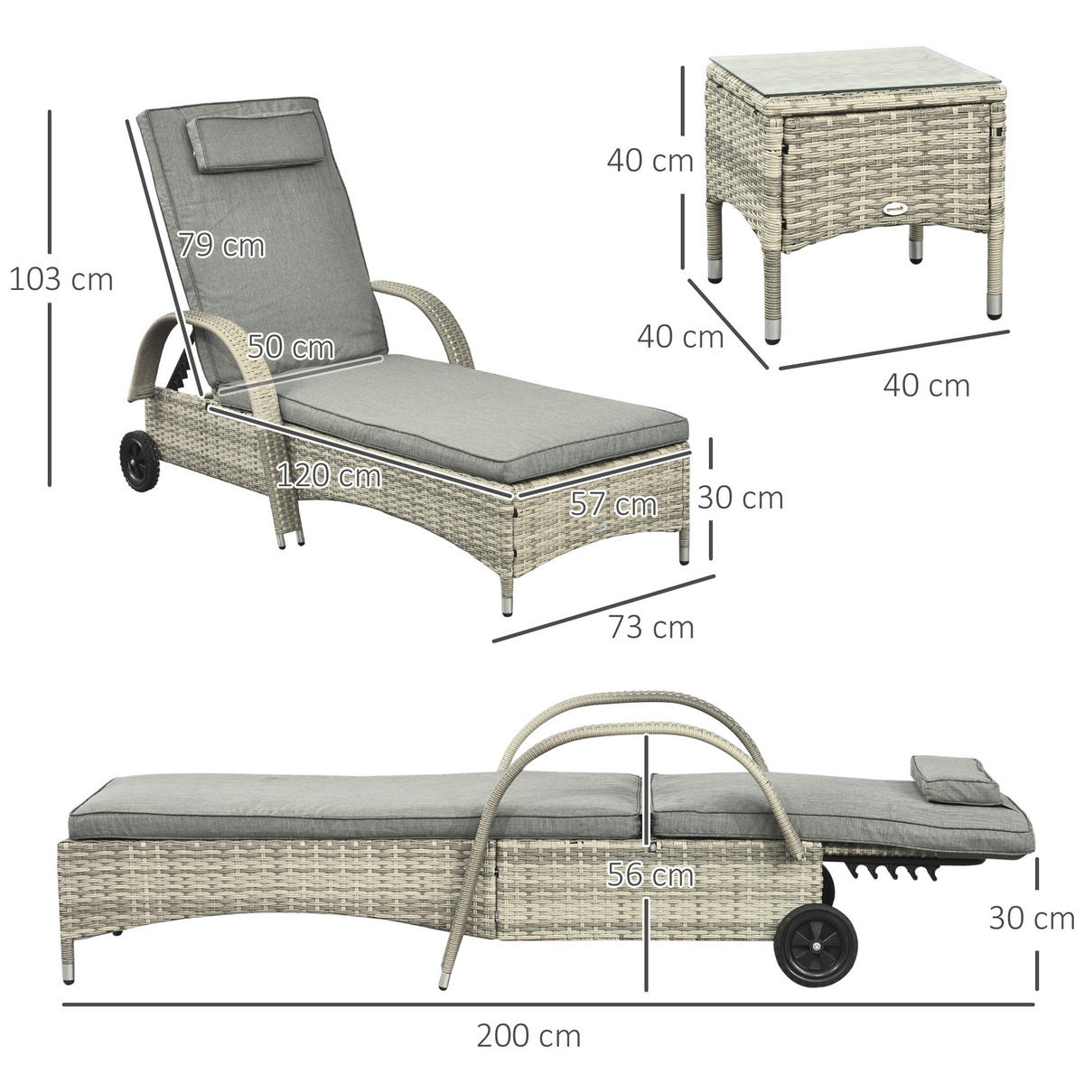 GARTENMÖBEL, Polyrattan+Metall Grau - Grau, Kunststoff - Outsunny