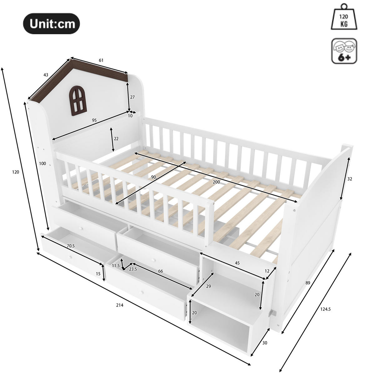 HALBHOHES BETT 90x200cm Weiß Hausform 4 Schubladen LED-Lichtleiste - Weiß, Holz (90/200cm) - FLIEKS