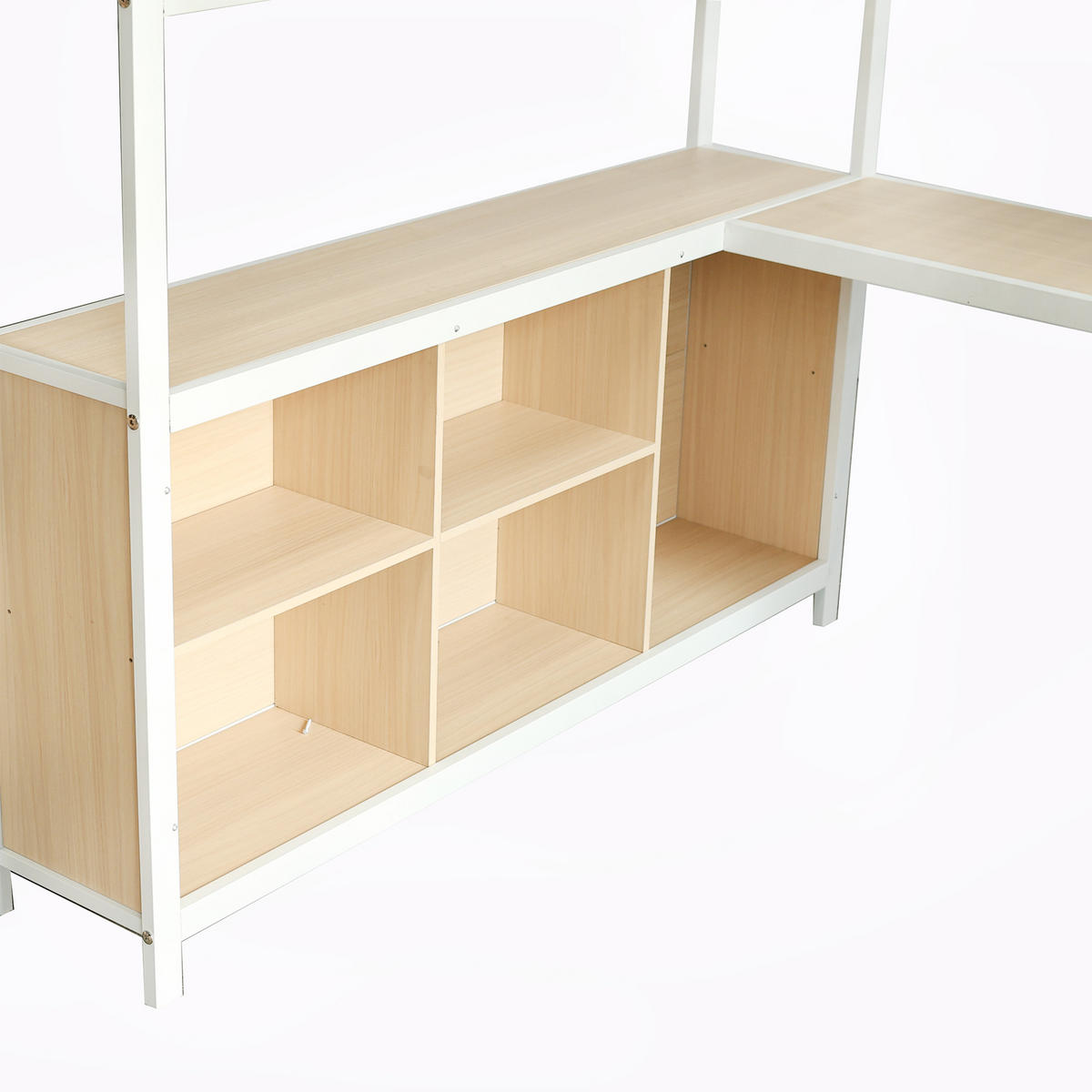 HOCHBETT 140/200 cm DE-02275, in Weiß/Natur, mit Stauraum, Kleiderschrank und Schreibtisch - Weiß, Holzwerkstoff/Metall (140/200cm) - ComfortXL