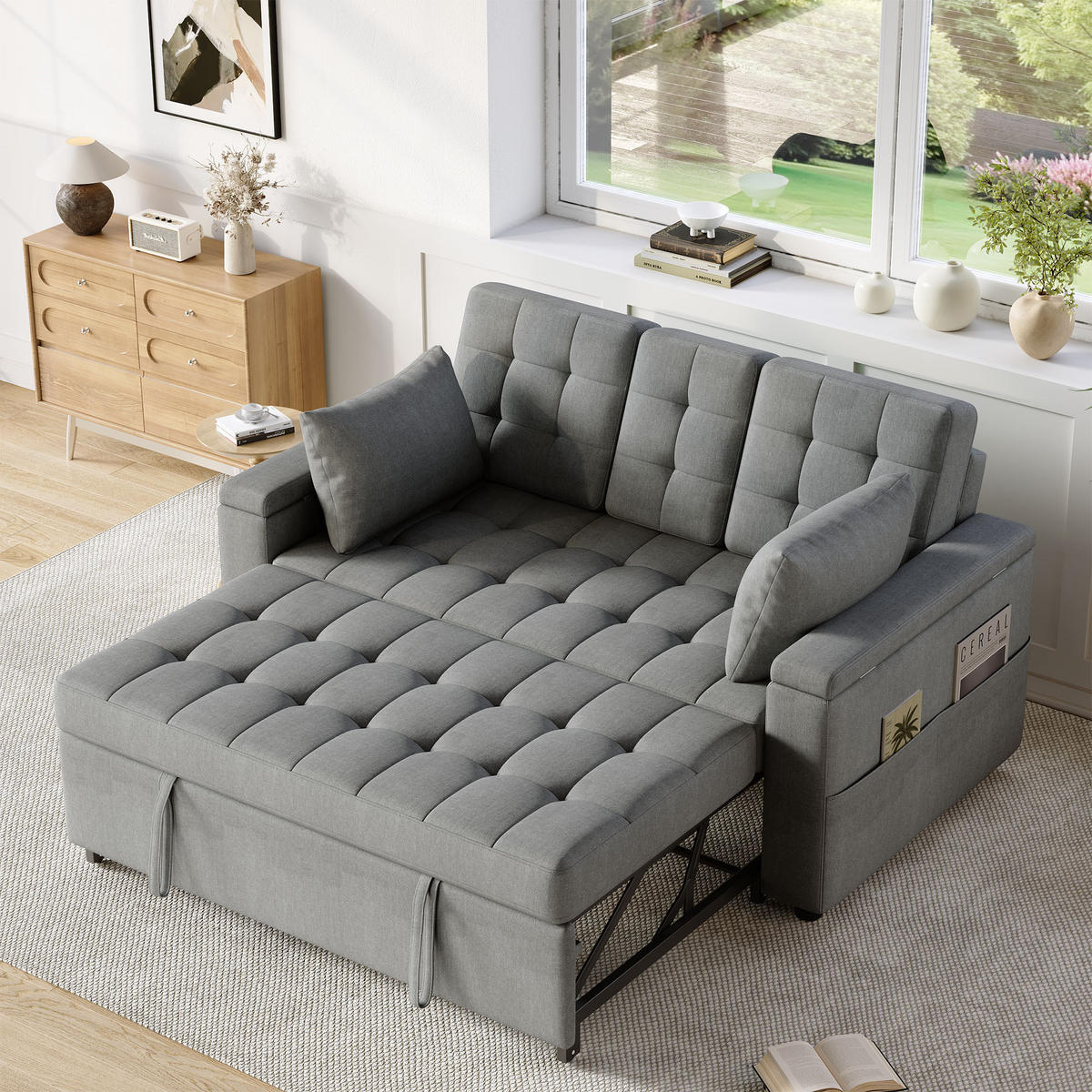 2-SITZER SCHLAFSOFA Leinen Grau mit Stauraum und Kissen - Grau, Holzwerkstoff/Kunststoff (159/92/142.5cm) - WISHDOR