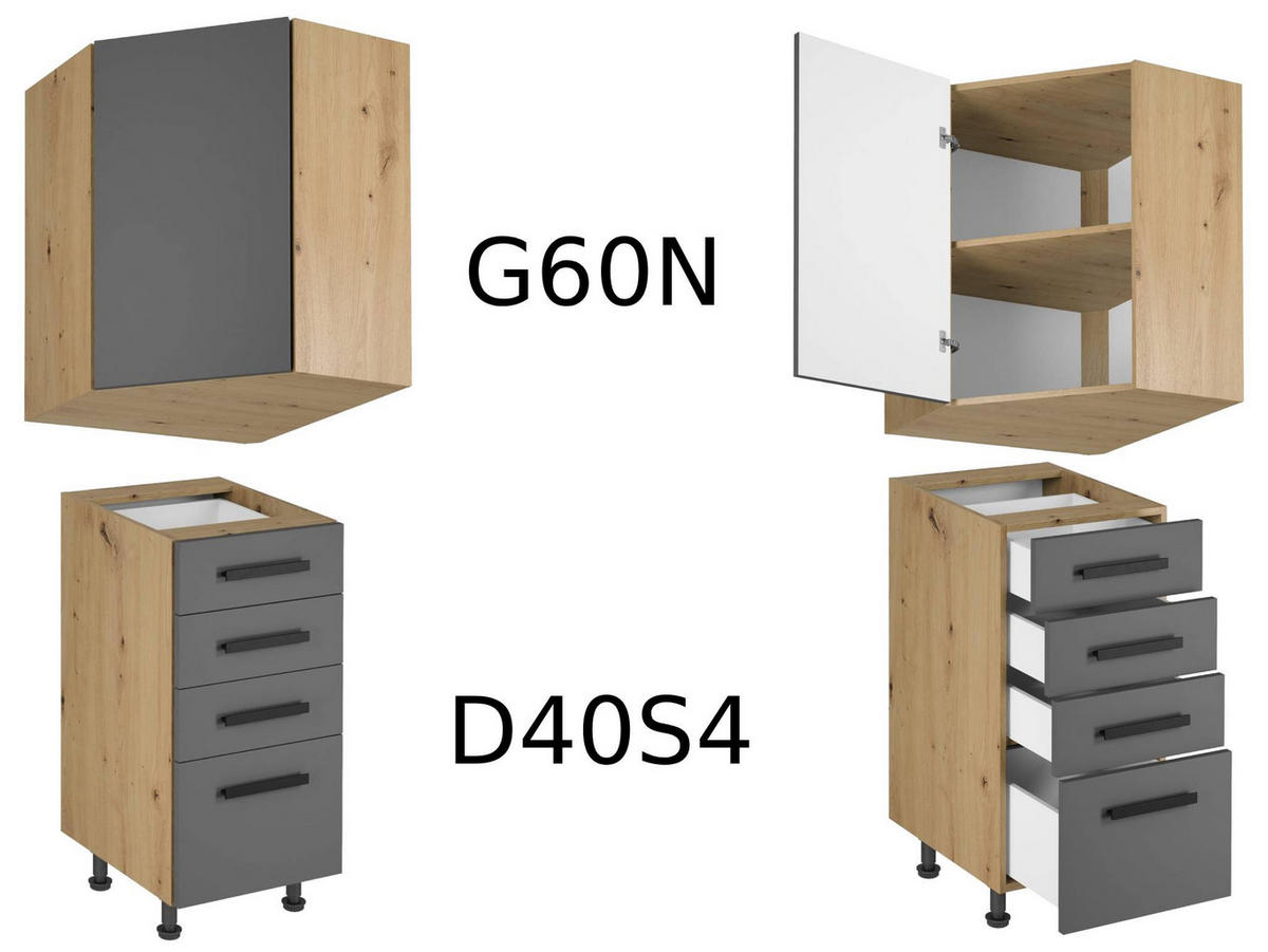 WINKELKÜCHE 300 cm x 140 cm- Langen KL6-M300 - in Grau/Matt - Schwarz/Grau, Holz/Holzwerkstoff (440/212/58cm)