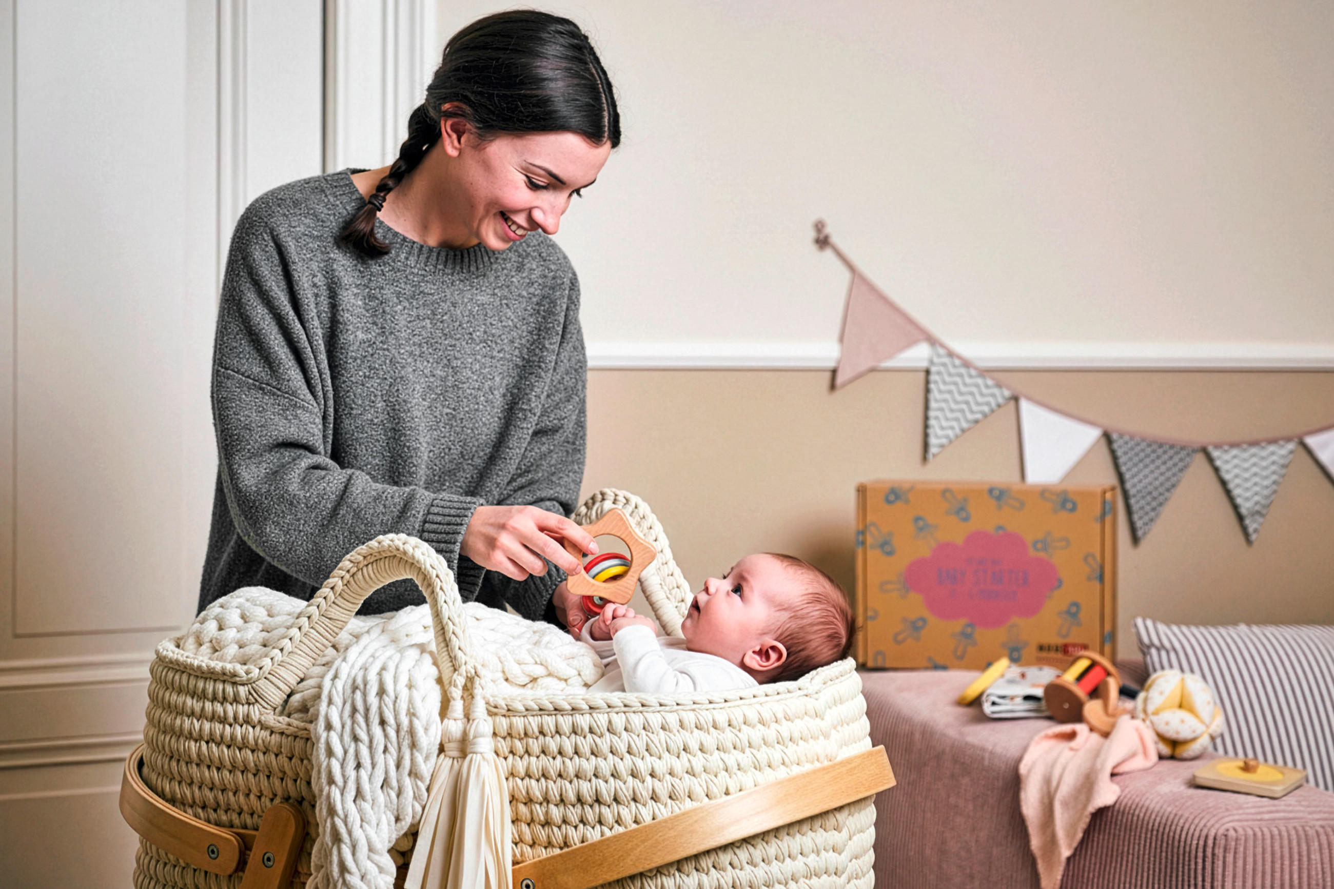 Mutter zeigt Baby in der Wiege ein Motorikspielzeug