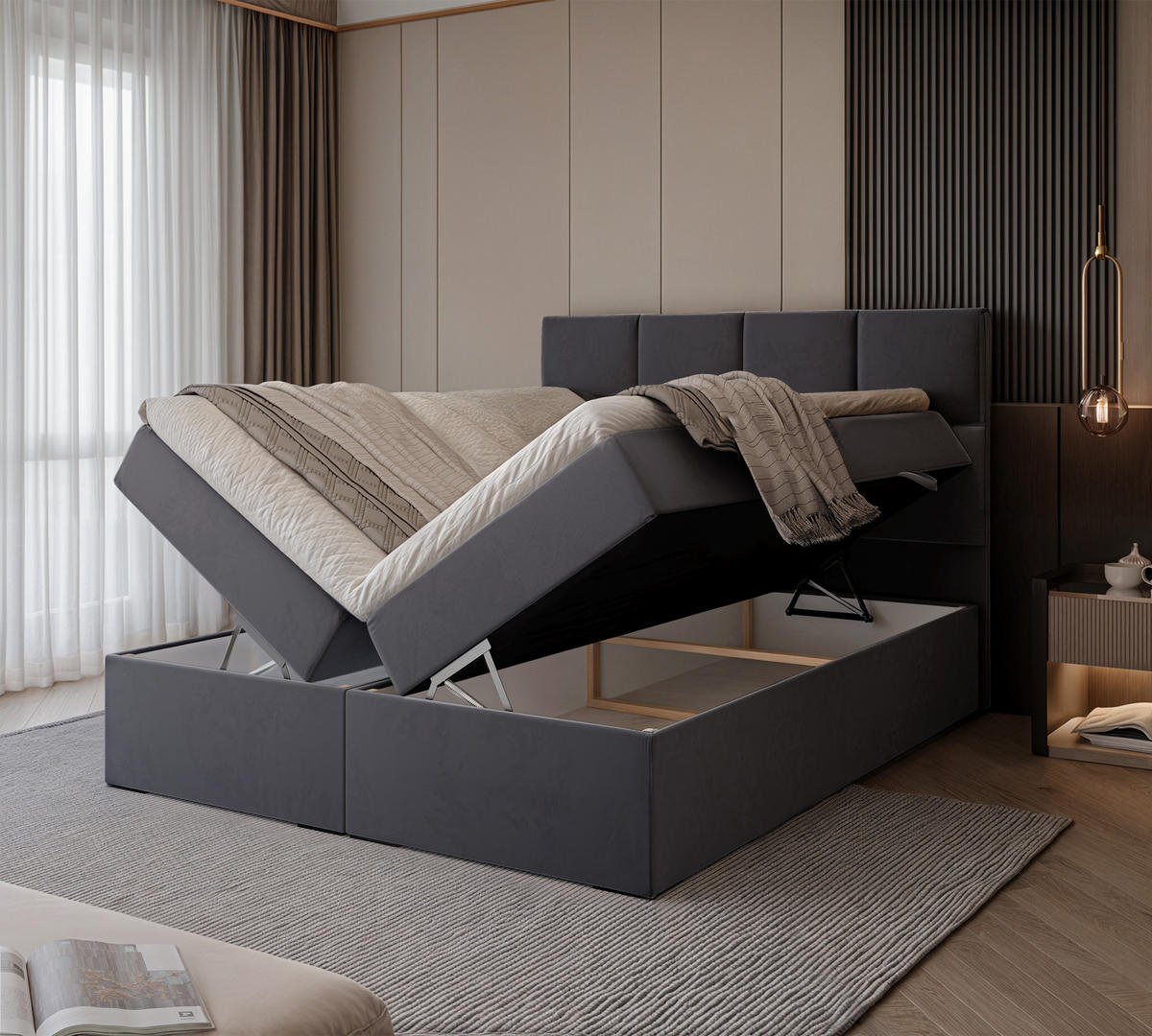 BOXBETT 120x200 cm mit Topper - Anthrazit, Textil (140/200cm) - Idohome