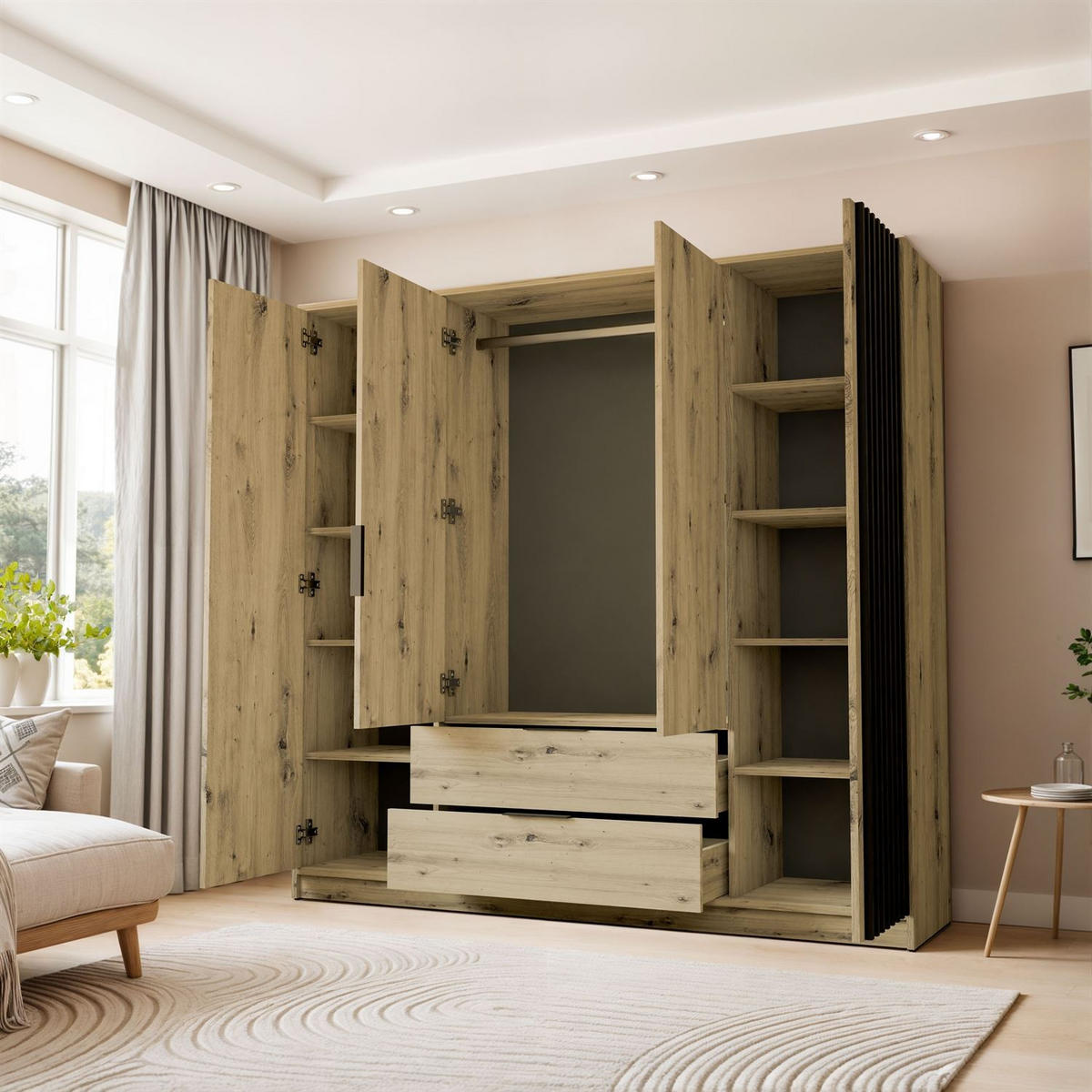 KLEIDERSCHRANK NELA, viertürig mit Lamellen, 206 cm, Artisan/Schwarz - Eiche Artisan, Holzwerkstoff (206/200/51cm) - Lookway