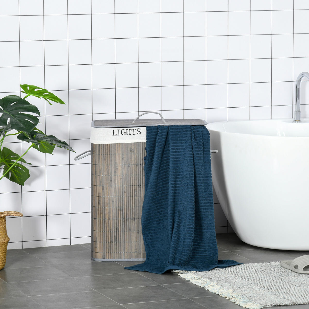 WÄSCHEKORB schmal mit Deckel 100L, Badezimmer, Bambus, Grau - Grau, Naturmaterialien (52/63/32cm) - HOMCOM