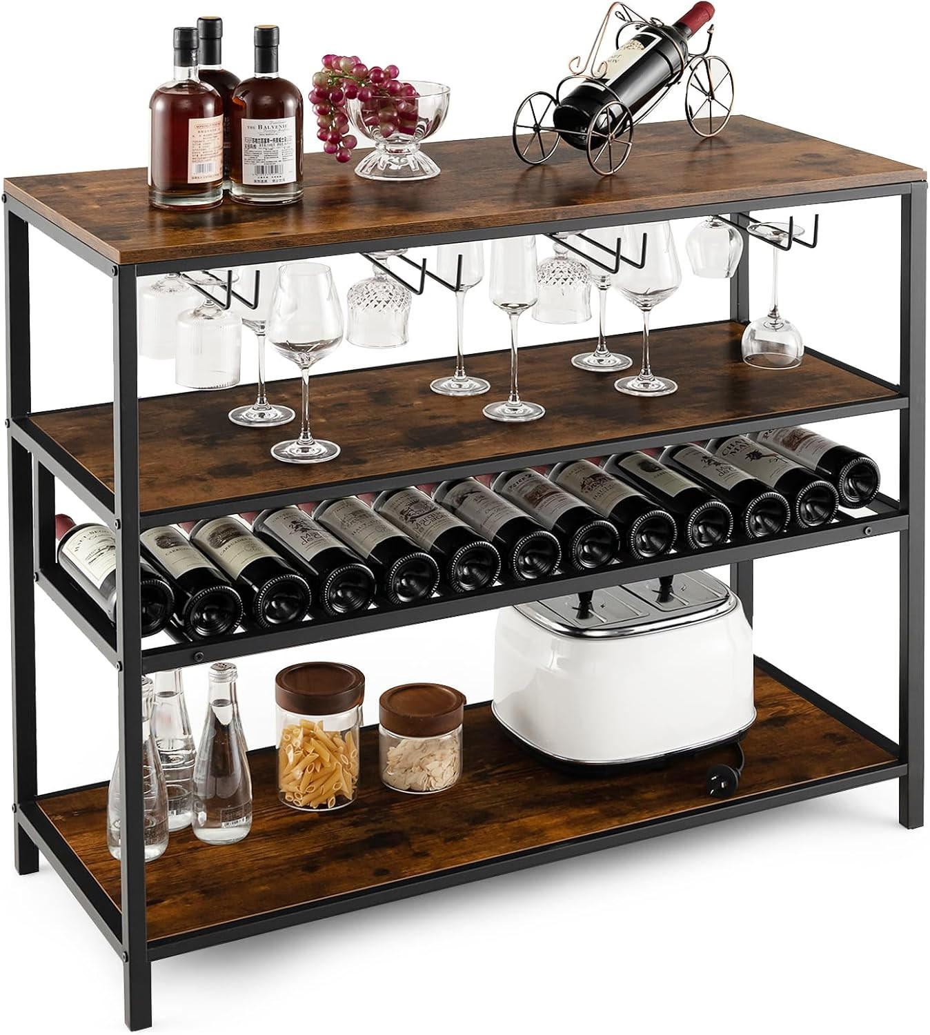 FLASCHENREGAL mit 4 Reihen Glashalter Vintage Eiche Dekor - Alteiche, Holz (102/87/40cm) - COSTWAY