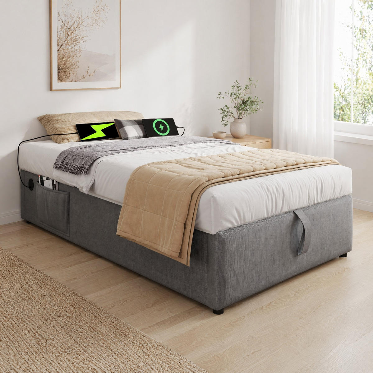 POLSTERBETT 90/190 mit Bettkasten, USB/Type-C und Vollholz-Lattenrost ohne Kopfteil in Grau - Grau, Holzwerkstoff/Textil (90/190cm) - EVRYAE