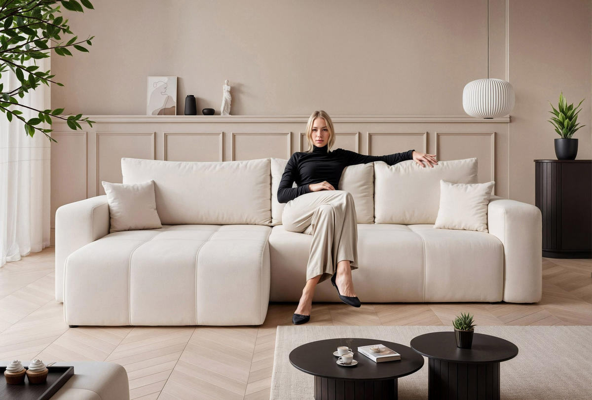 ECKSOFA XL Velours mit Bettkasten und Schlaffunktion - Creme, Holzwerkstoff/Textil (278/145cm) - Idohome