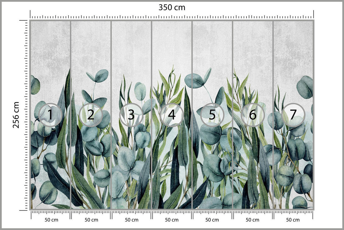 FOTOTAPETE für Schlafzimmer Beton Blätter Aquarell Natur Grün Eukalyptusblätter 350x256 - Grau/Grün, Papier (350/256cm) - Muralo