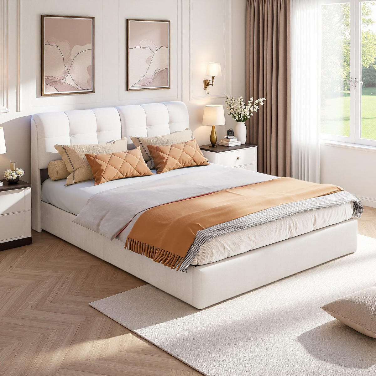 POLSTERBETT 160x200 cm LED Hydraulik Stauraum Rückenlehne Samt beige - Beige, Holz (160/200cm) - LEBENLANG