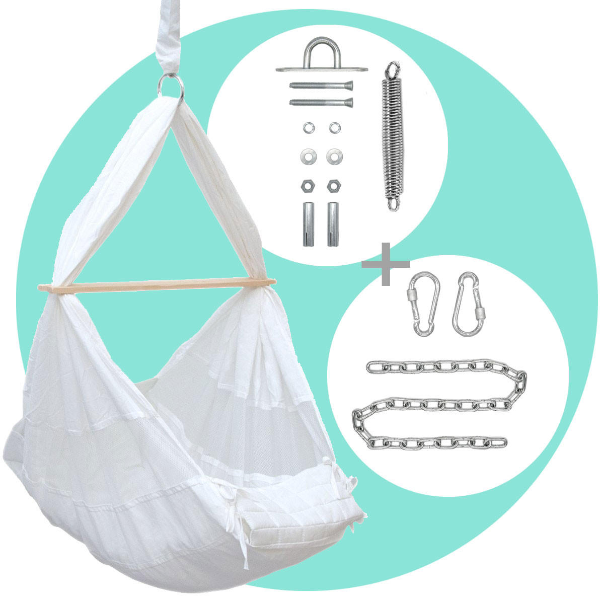 BABY-FEDERWIEGE mit 100cm Kette & Deckenhaken - Weiß, Textil (36/94/70cm) - Amanka
