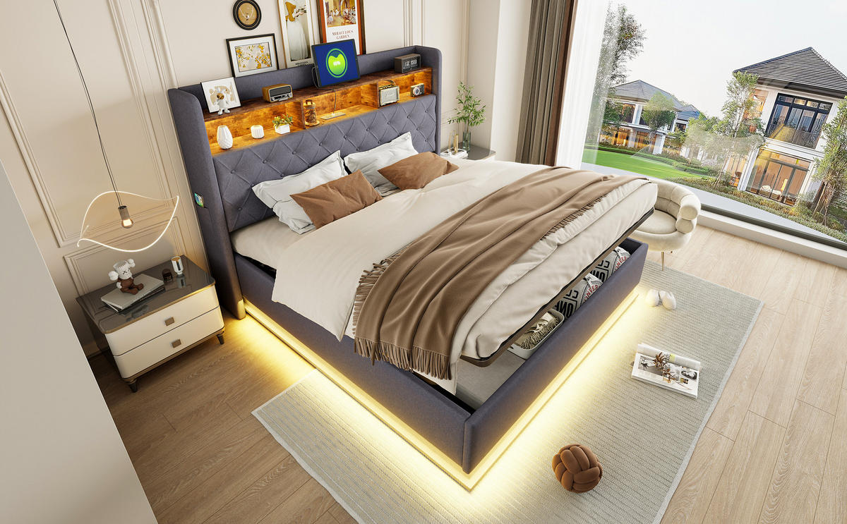 POLSTERBETT 180x200 cm LED USB Stauraum grau - Grau, Textil (180/200cm) - LEBENLANG