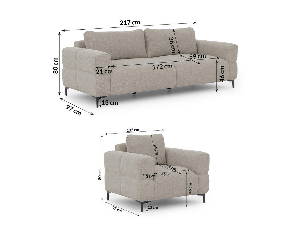SITZGARNITUR 3+1 Cardea in Bubble-Optik aus weichem Taupe Strukturstoff mit hohem Sitzkomfort - Taupe/Schwarz, Holz/Textil (217/80/97cm) - S-Style Möbel