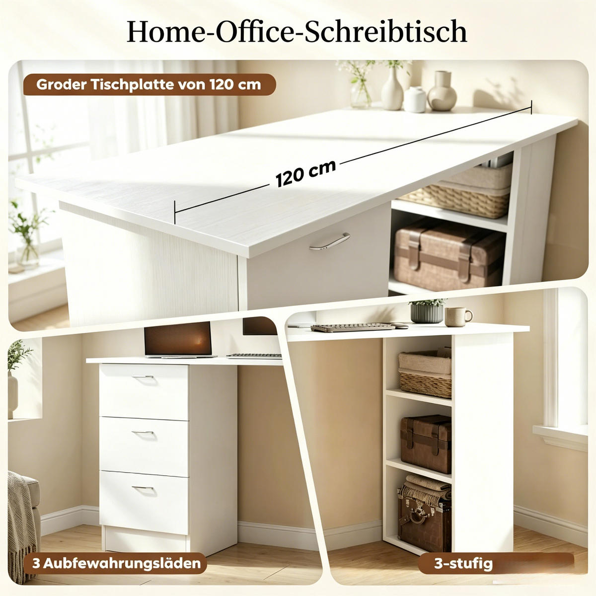 SCHREIBTISCH weiß 120 cm mit 3 Schubladen - Weiß, Holzwerkstoff (49/120/72cm) - Gisaae