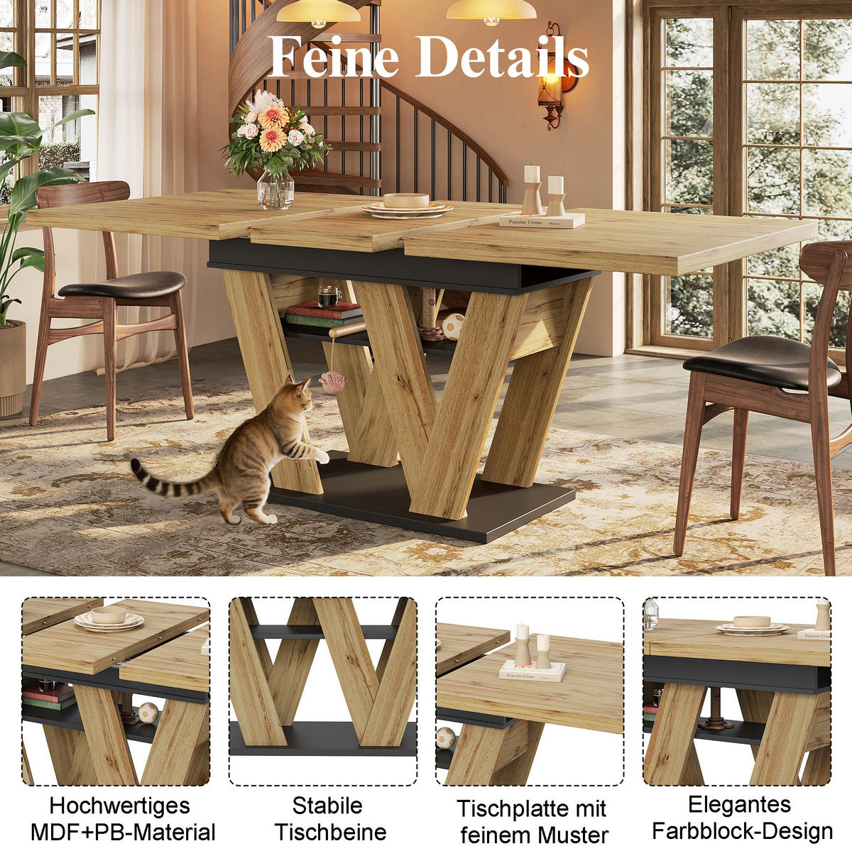 ESSTISCH aus MDF 119-158,5x80x75 cm Schwarz/Natur ausziehbar mit Ablagefach und W-förmigen Beinen - Naturfarben, Holzwerkstoff (158.5/80/75cm) - Modfu