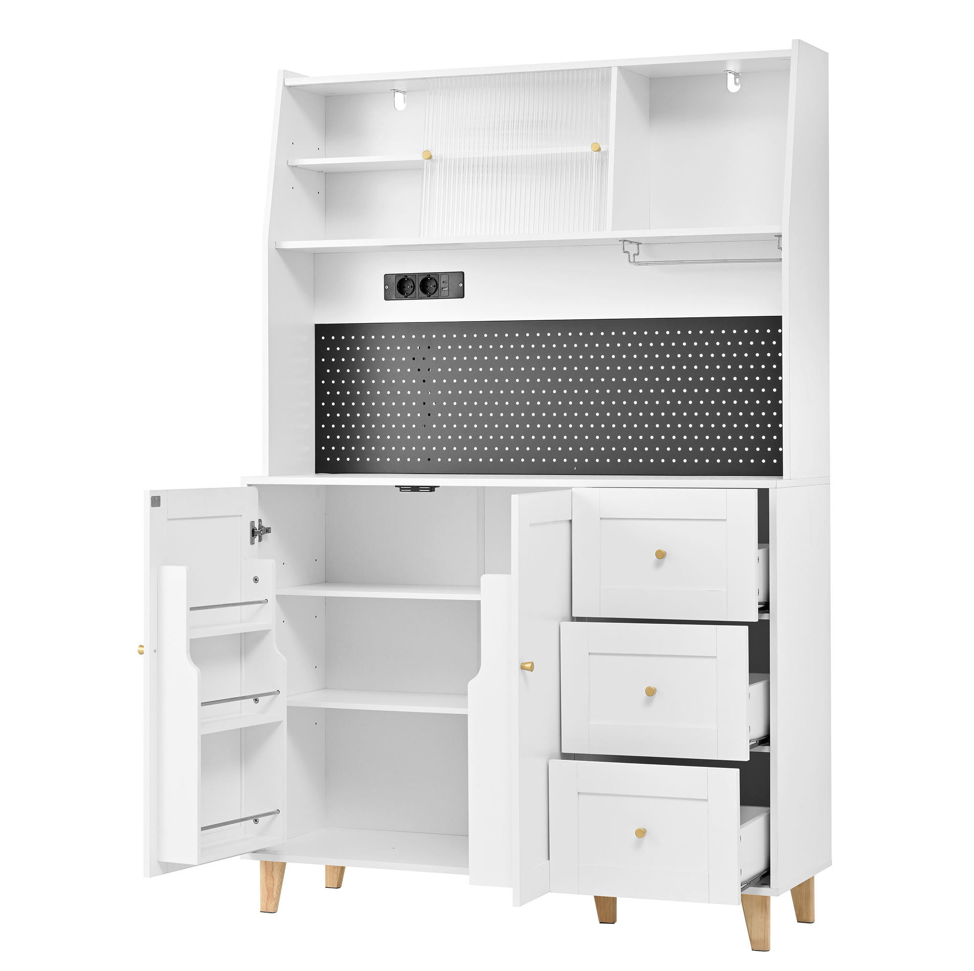 BUFFET 120/40/184 cm weiß aus MDF mit Steckdosen und Lochplatte - Weiß, Holzwerkstoff (120/184/40cm) - OKWISH
