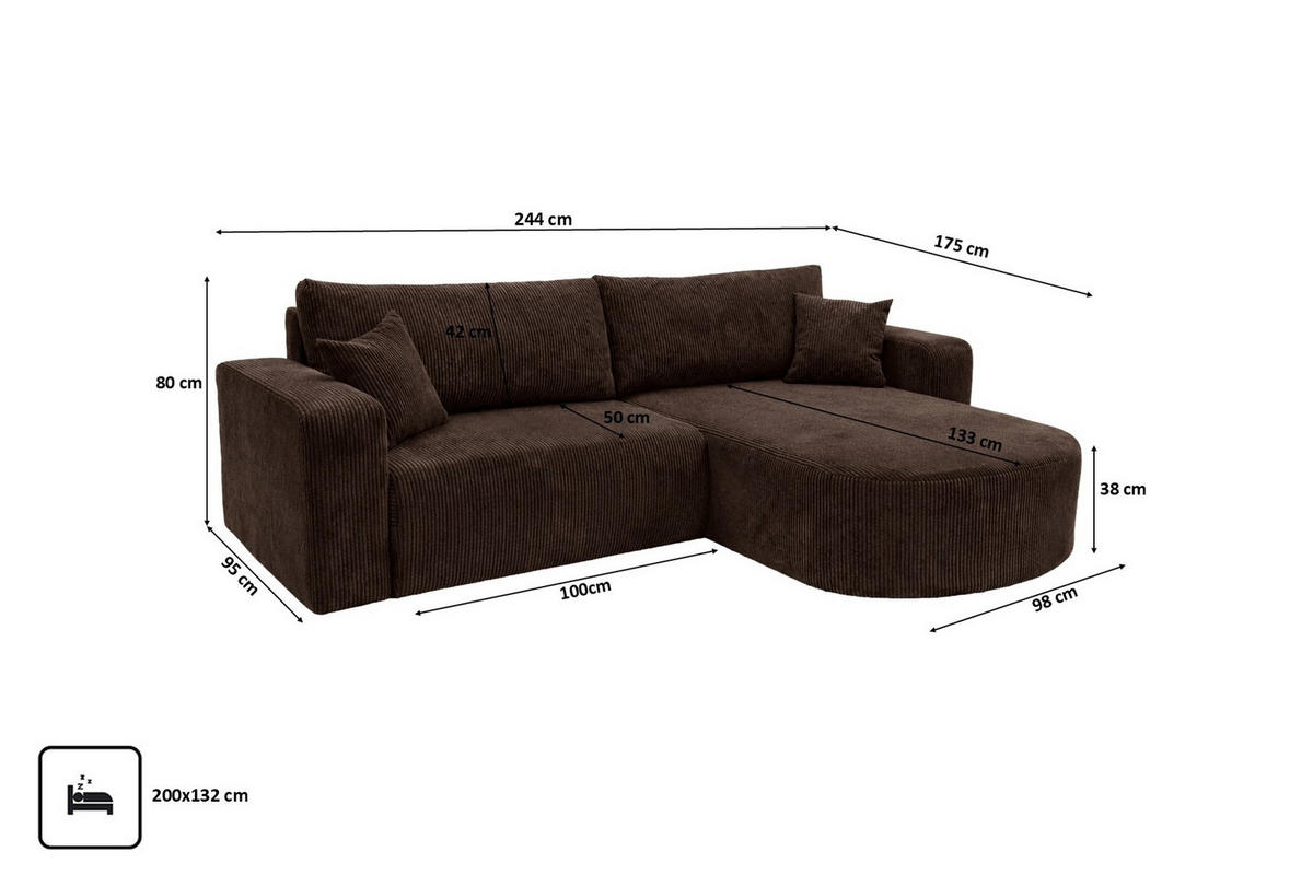 ECKSOFA Mit Schlaffunktion, Cordstoff Poso, Braun, Rechts, ROUND ONE - Braun, Holz (244/175cm) - Kaiser Möbel