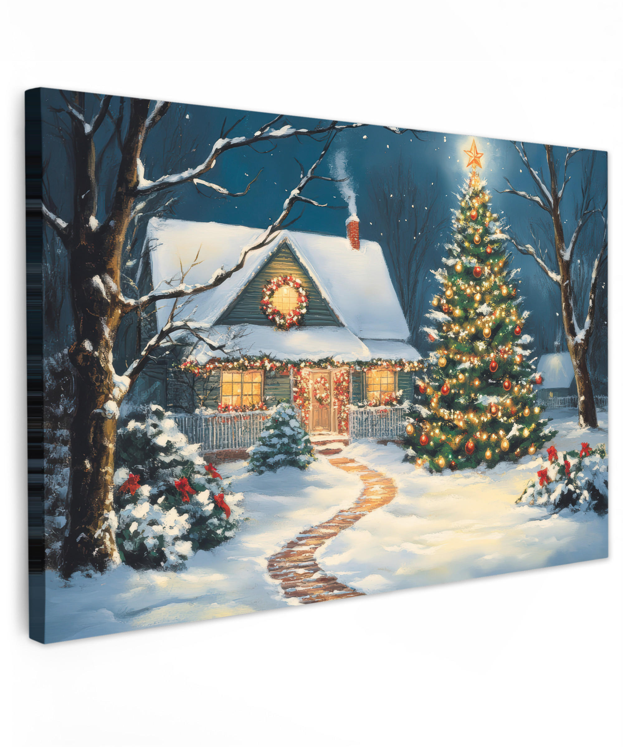 LEINWANDBILD Weihnachten - Weihnachtsbaum - Winter - Zuhause - Schnee Wohnzimmer Groß 120x80 cm - Smaragdgrün, Textil (120/80cm) - MuchoWow
