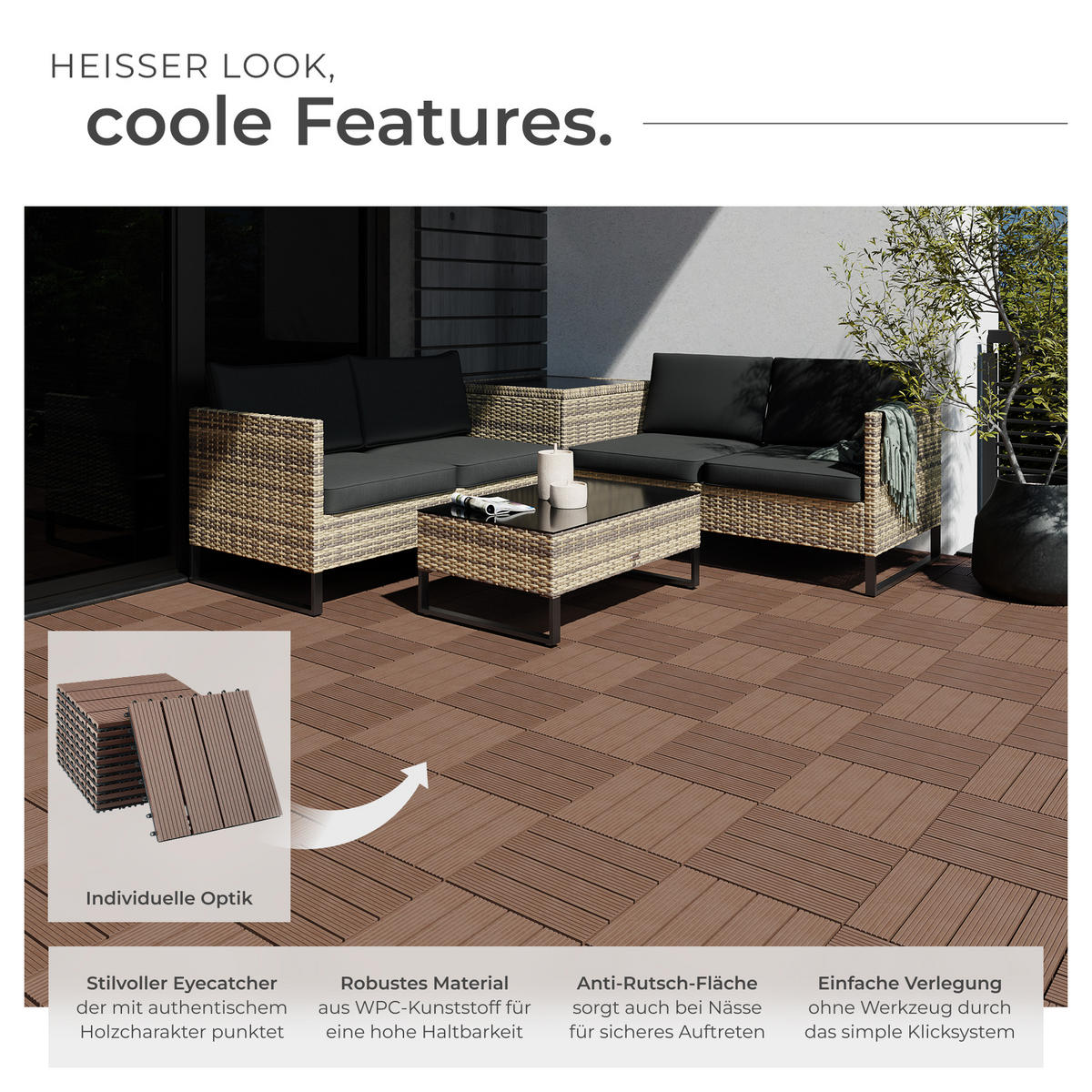 TERRASSENFLIESEN Tegulas,31 x 31 x 2,2 cm,braun - Braun, Kunststoff (31/31/2.2cm) - tectake