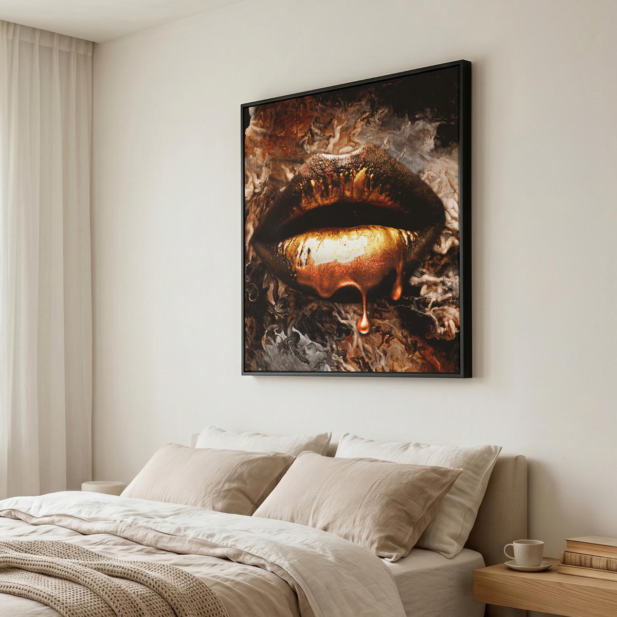 LEINWAND Bilder mit Rahmen - Gold - Lippen - Kunst - Gold - Luxus - Abstrakt - 90x90 - Kupferfarben, Textil (90/90cm) - MuchoWow