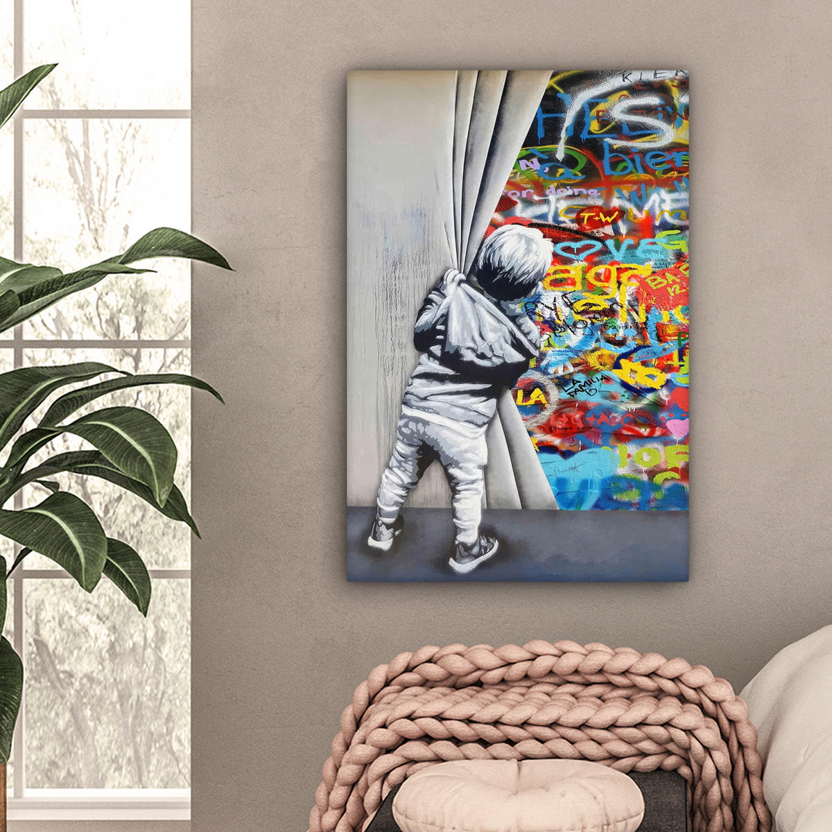 LEINWANDBILD Graffiti - Junge - Ilussie - Straßenkunst 60x90 cm - Hellgrau, Textil (60/90cm) - MuchoWow