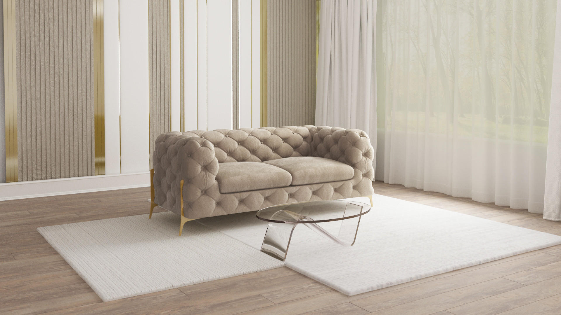 CHESTERFIELD-SOFA 2-Sitzer Lexi Dunkle Creme Samt - Goldfarben/Creme, Holz/Textil (185/75/100cm) - S-Style Möbel