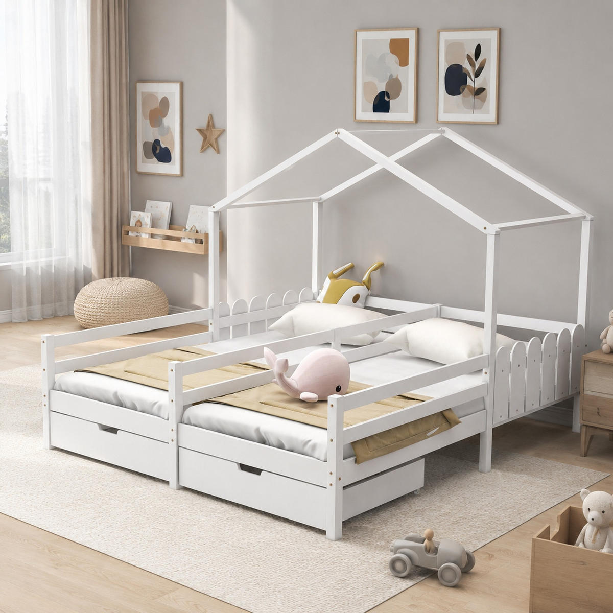 KINDERBETT 90/200 mit 2 Schubladen, Schutzgitter und Lattenrost in Weiß - Weiß, Holzwerkstoff (90/200cm) - EVRYAE