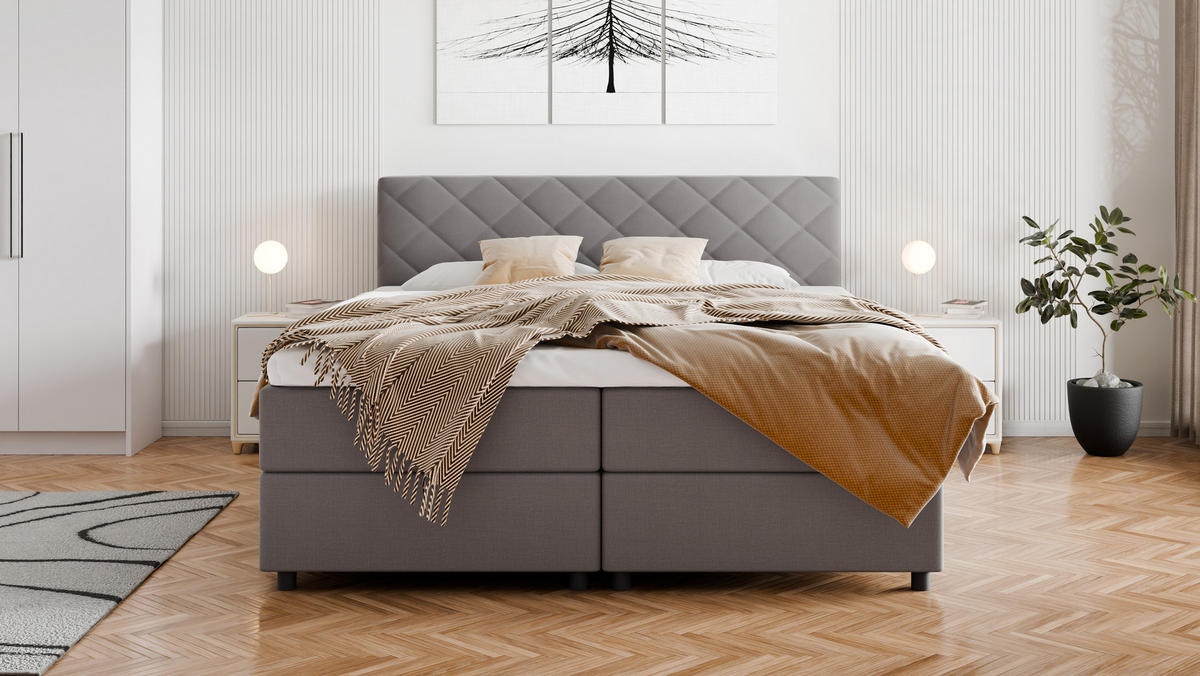 BOXBETT Diamaro 180x200 cm mit Bettkasten und Topper - Dunkelgrau - Grau, Holz (180/200cm) - Panda Möbel