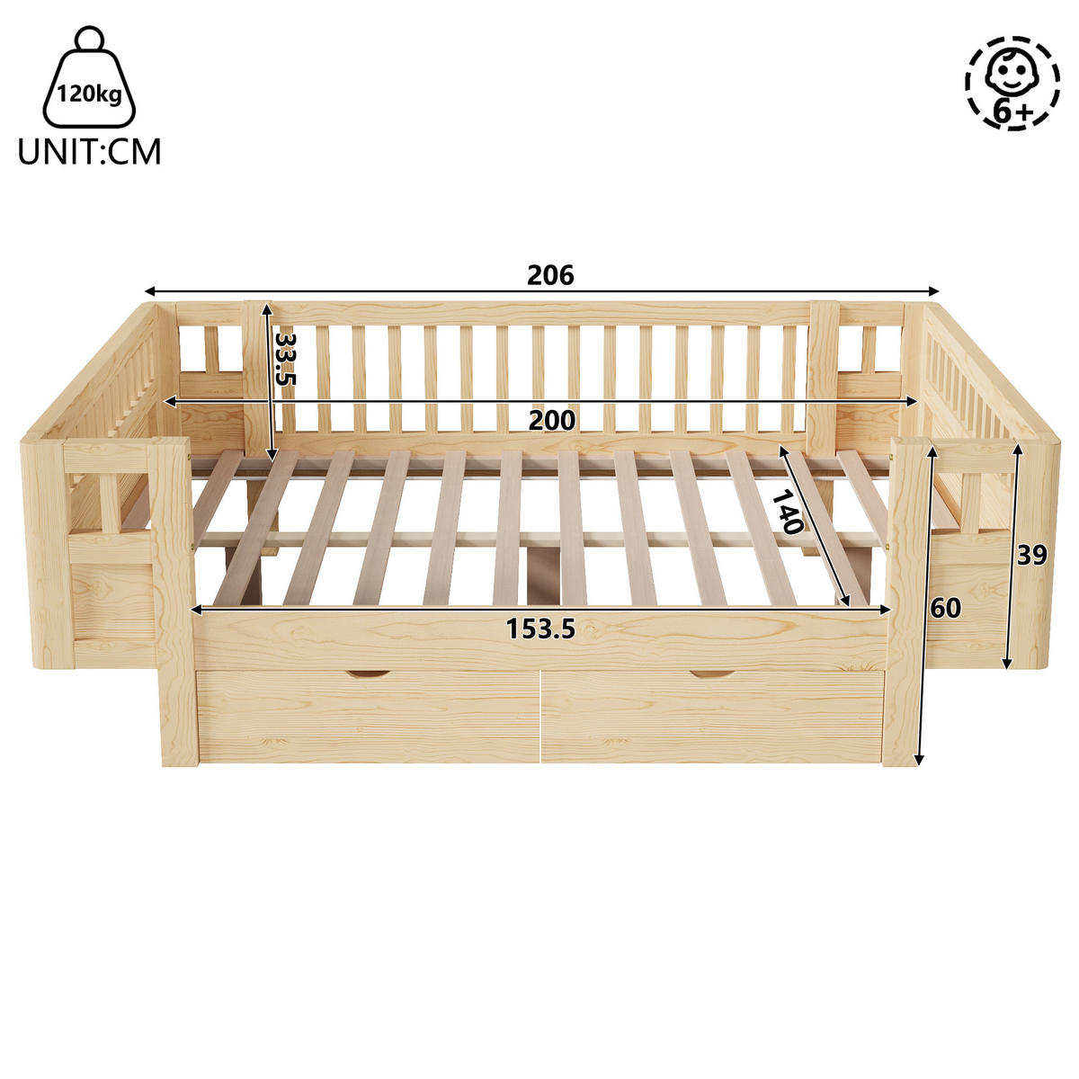 KINDERBETT 140/200 cm in Holzfarben mit 2 Schubladen Massivholz Skandi-Design - Naturfarben, Holzwerkstoff (140/200cm) - STILVORA