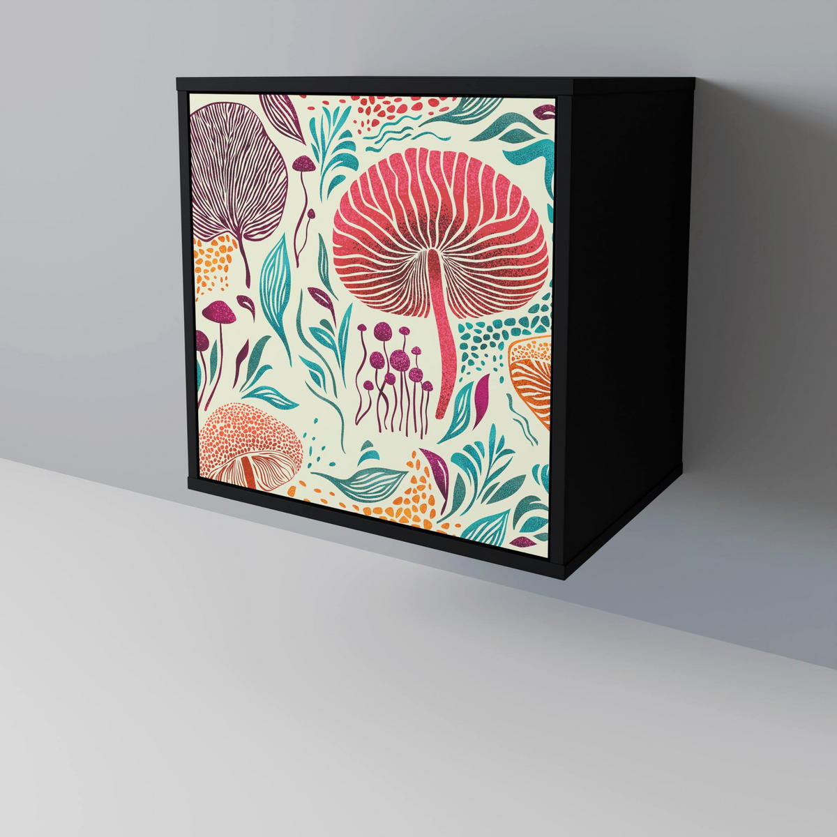 SIDEBOARD FUNGUS FANTASY, Schwarz, 57,5x42x75,5 cm, Goldfarbene Metallfüße - Goldfarben/Multicolor, Holzwerkstoff/Metall (57.5/75.5/42cm) - SpaceRebels