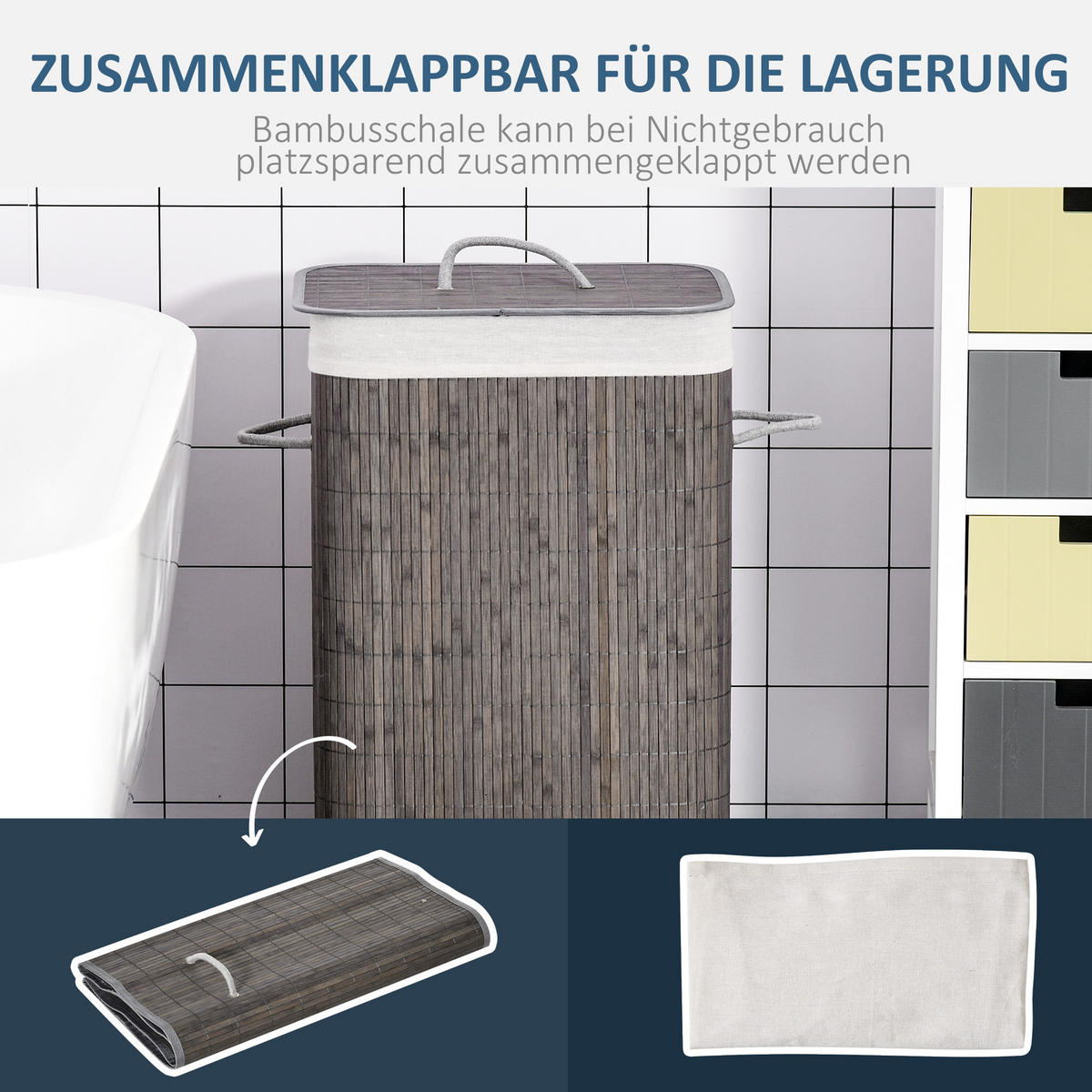 WÄSCHEKORB schmal mit Deckel 83L, Bambus, Grau - Grau, Naturmaterialien (43/61/32cm) - HOMCOM