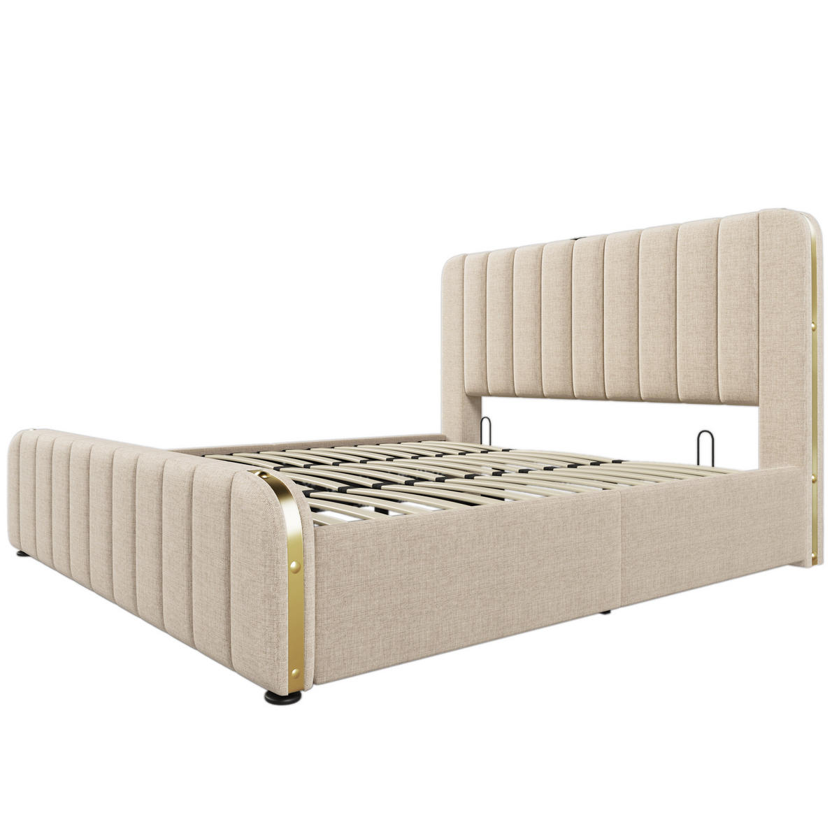 POLSTERBETT mit hydraulischem Stauraum 180x200 cm Leinen Beige mit Matratze - Beige, Metall (180/200cm) - Beauniv