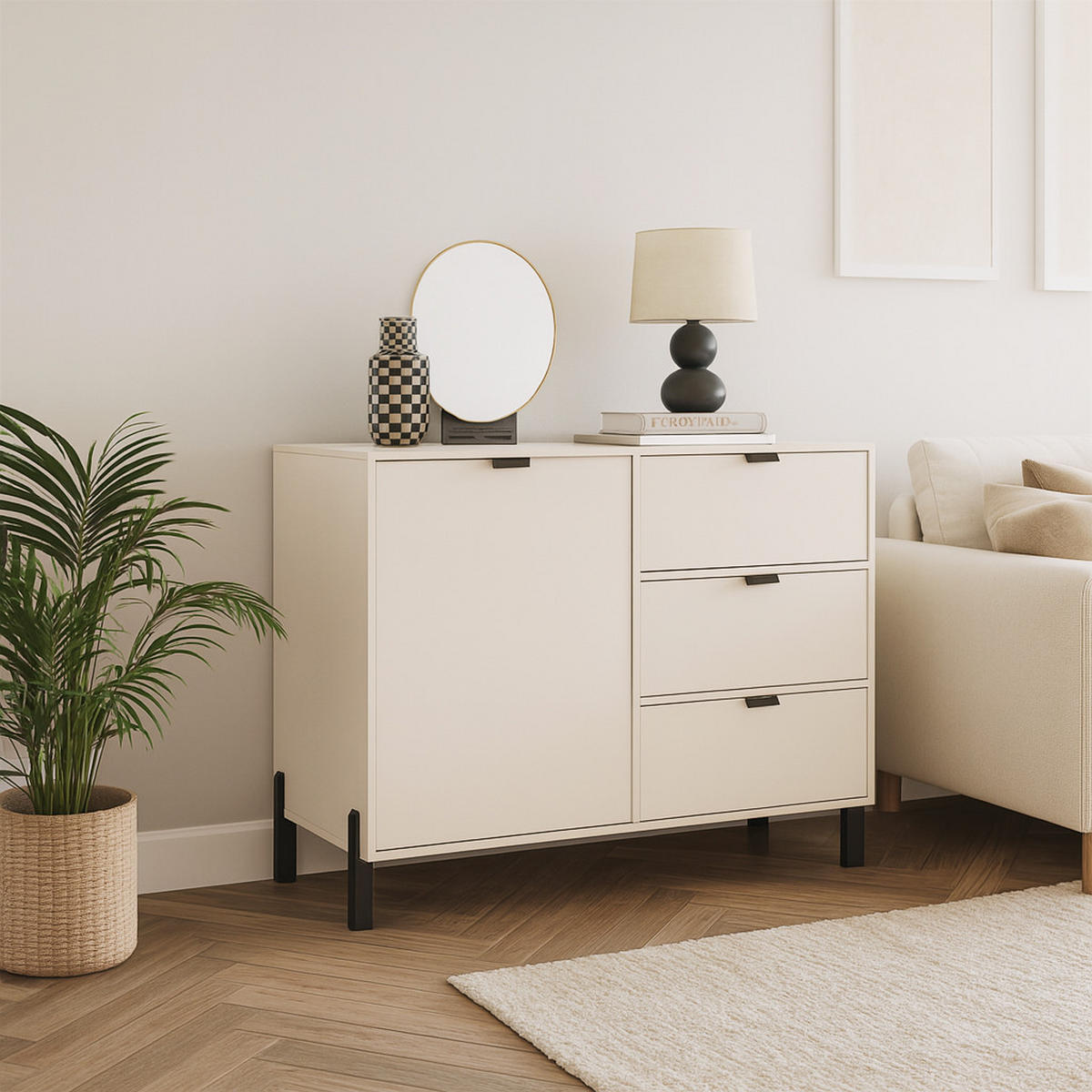 KOMMODE Cortina mit 1 Tür und 3 Schubladen, Sandbeige - Sandfarben/Schwarz, Holzwerkstoff (109/85/45cm) - Beautysofa