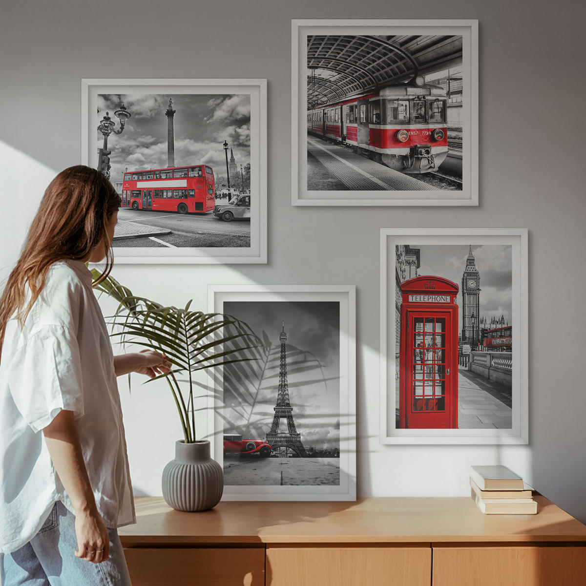 BILDER SET 4er Set - 50x50 cm & 40x60 cm Weißer Rahmen - Ikonische Städte London Paris Eisenbahn - Weiß, Kunststoff (50/50cm) - TULUP