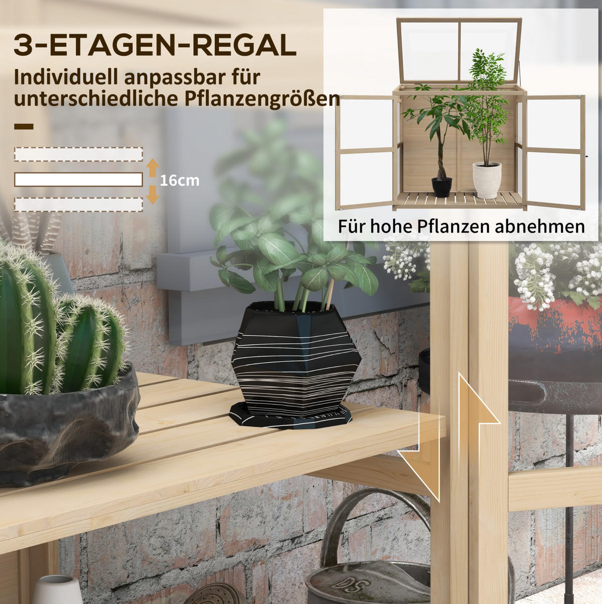GEWÄCHSHAUS 103/95/61 cm Naturholz aus Holz mit verstellbarem Dach - Naturfarben, Holz (61/103/103cm) - OKMYHOME
